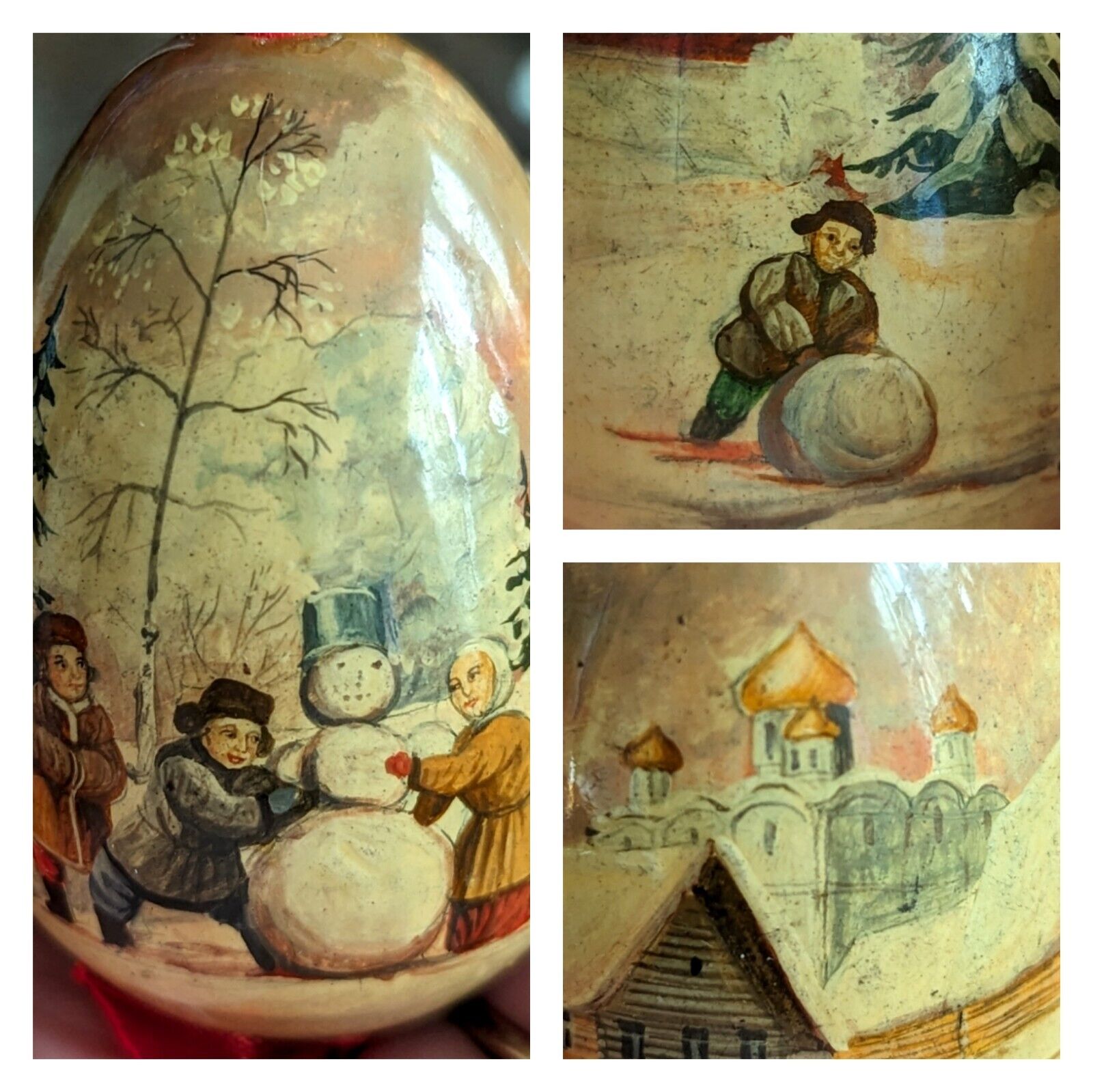 Vintage Russian Hand Painted Wood Lacquer Decorative Egg Snow Snowman Art Scene