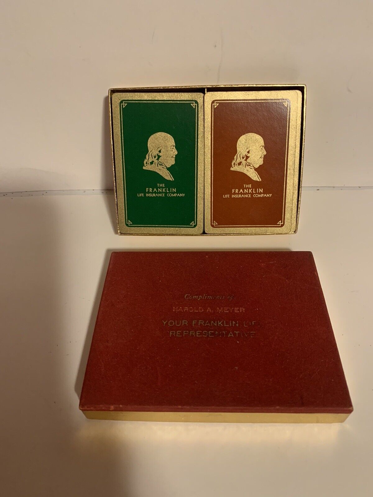 The Franklin Life Insurance Co TWO VINTAGE DECKS OF PLAYING CARDS Green & Red