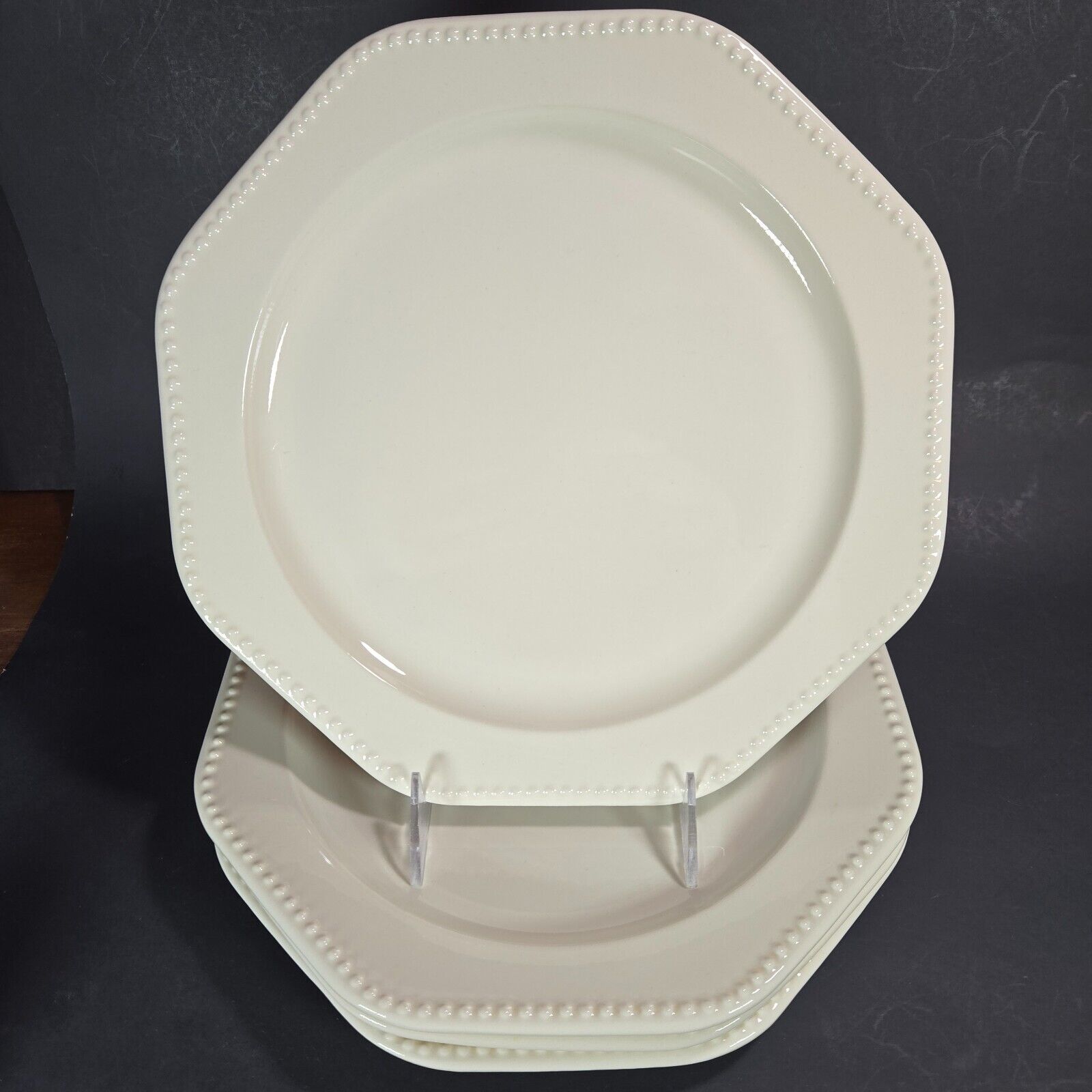 Vintage Sears Octagon White Set of 4 Dinner Plates Ironstone Beaded Rim 10 1/2\