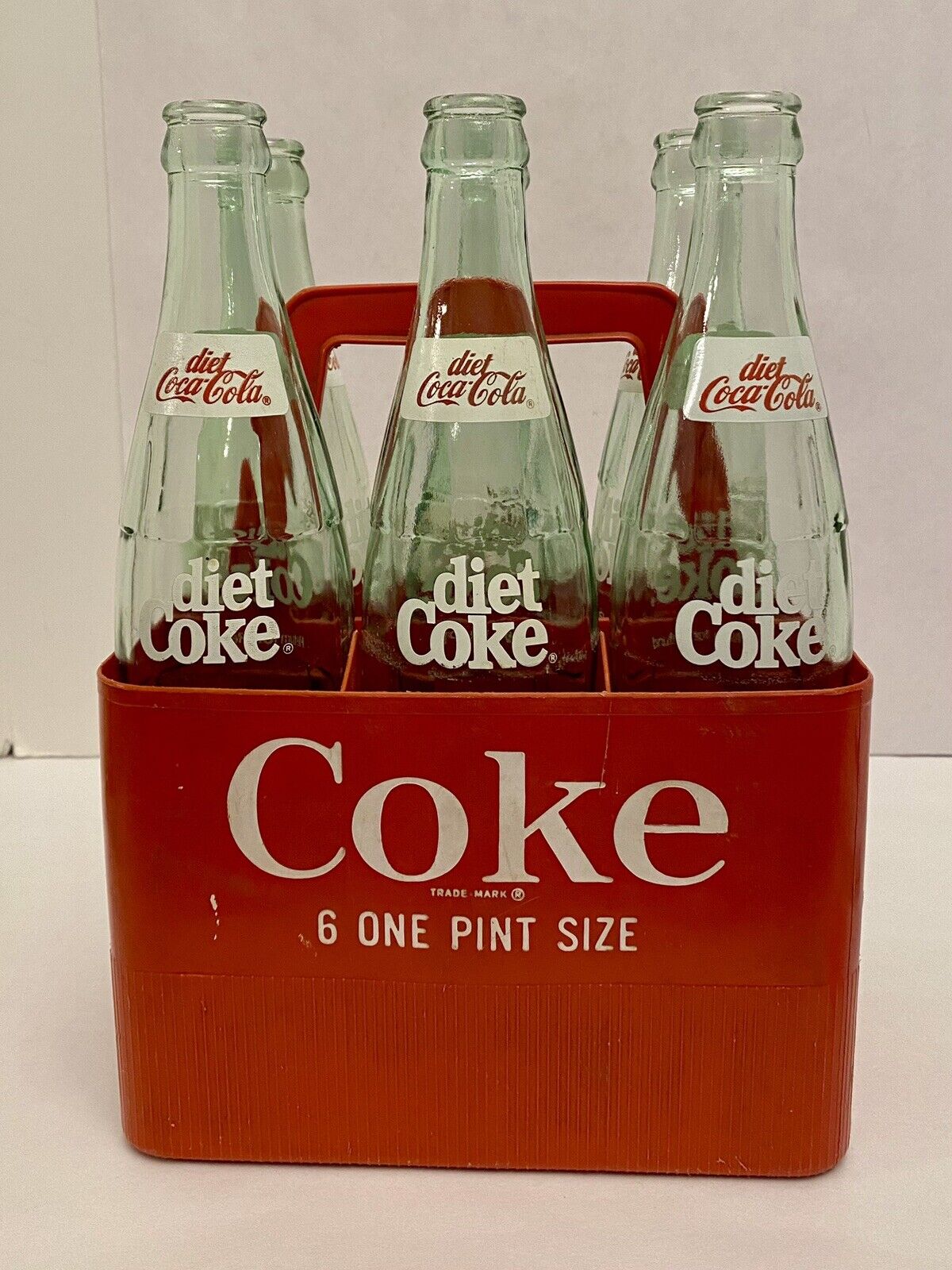 Vintage Diet Coke Bottles (6) & Plastic Crate 1 Pint Green Tint Glass