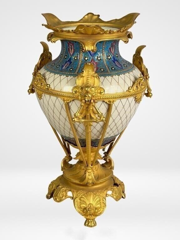 1870\'s Napoleon III French Porcelain & Bronze Centerpiece Jardinière Vase