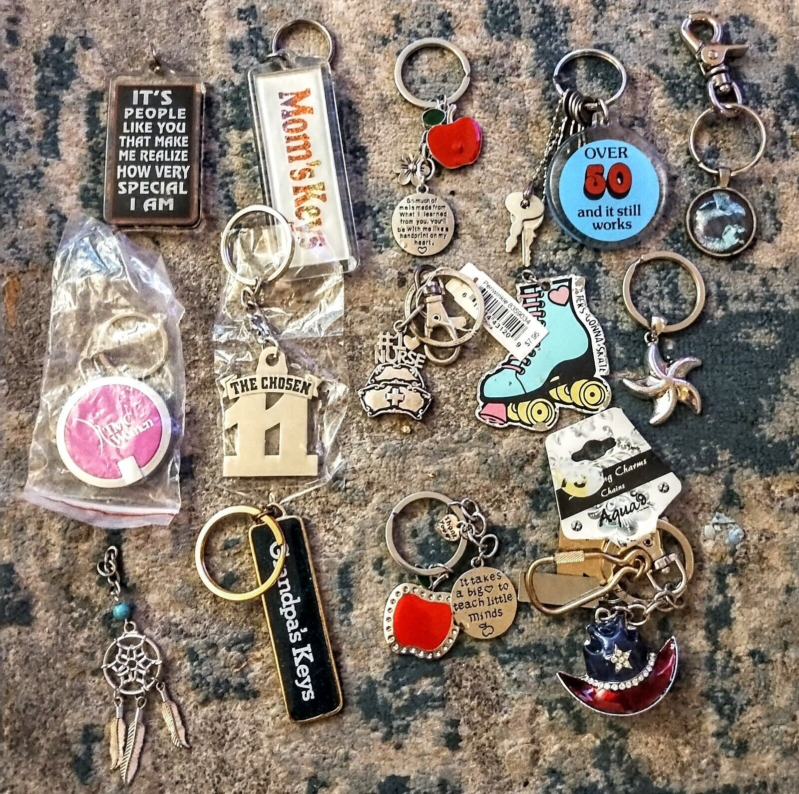 Lot Of 14 Vintage Keychains That Say Things Teacher Mom Random