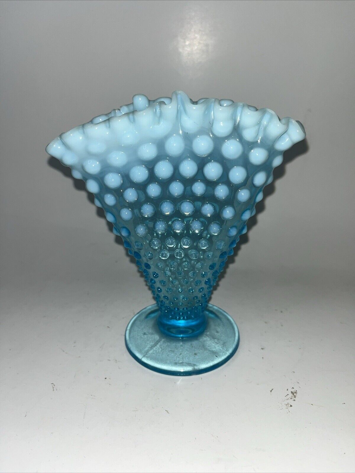 Vintage Fenton Unmarked Blue Opalescent  Hobnail Fan Vase Art Glass Ruffled Edge
