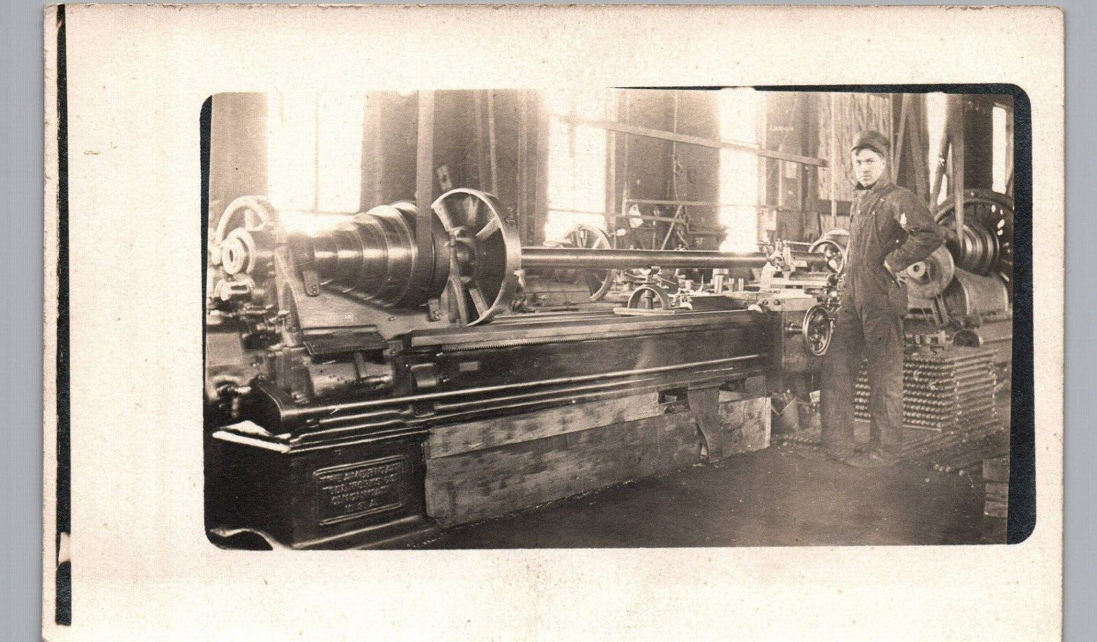 LATHE & MACHINIST c1910 real photo postcard rppc steam engine factory interior