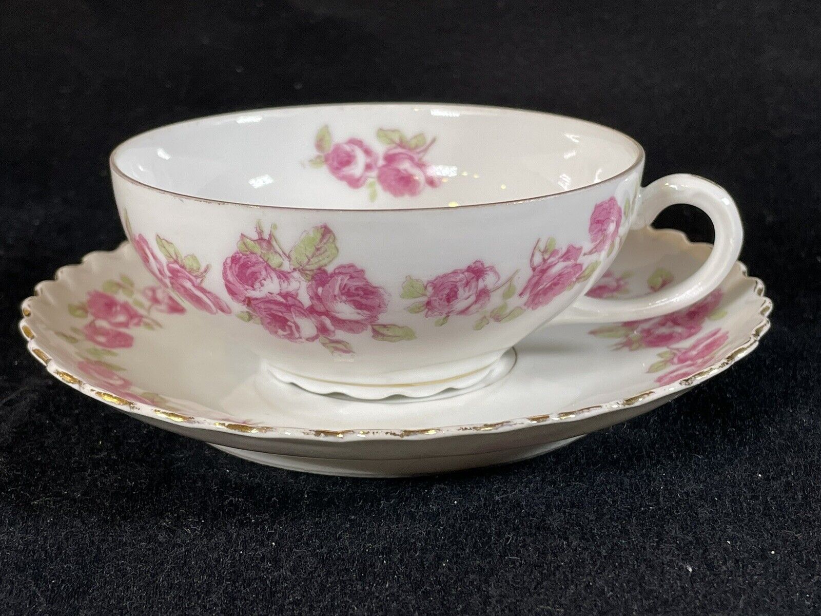 VTG ATQ O&EG Royal Austria Porcelain Flat Tea Cup With Saucer Roses & Gold Trim