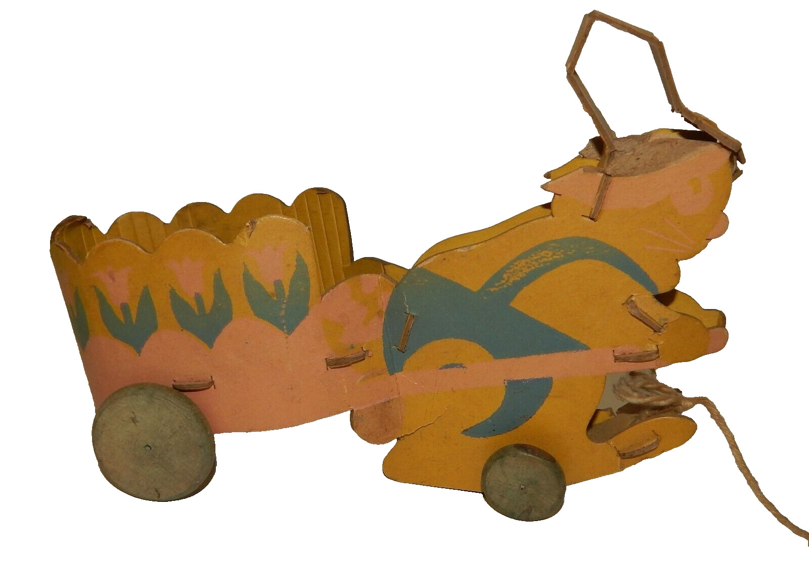 True Vintage Cardboard Easter Rabbit Pulling Cart - Fibro Toy