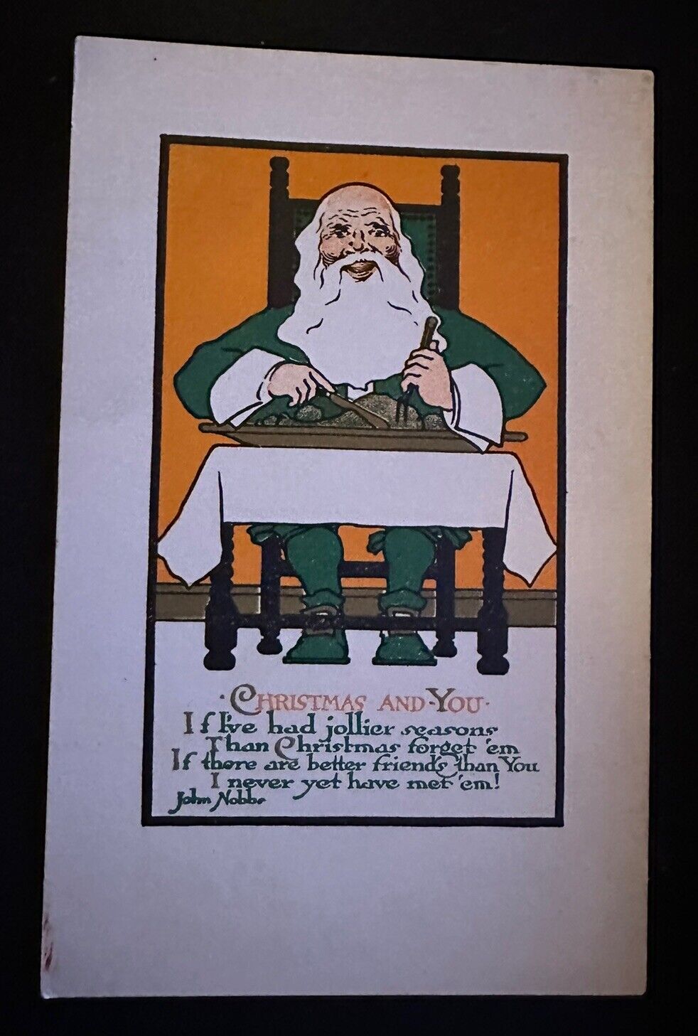 Art Deco~Green Suit Santa at Table~Arts & Crafts Gibson Christmas Postcard~h829