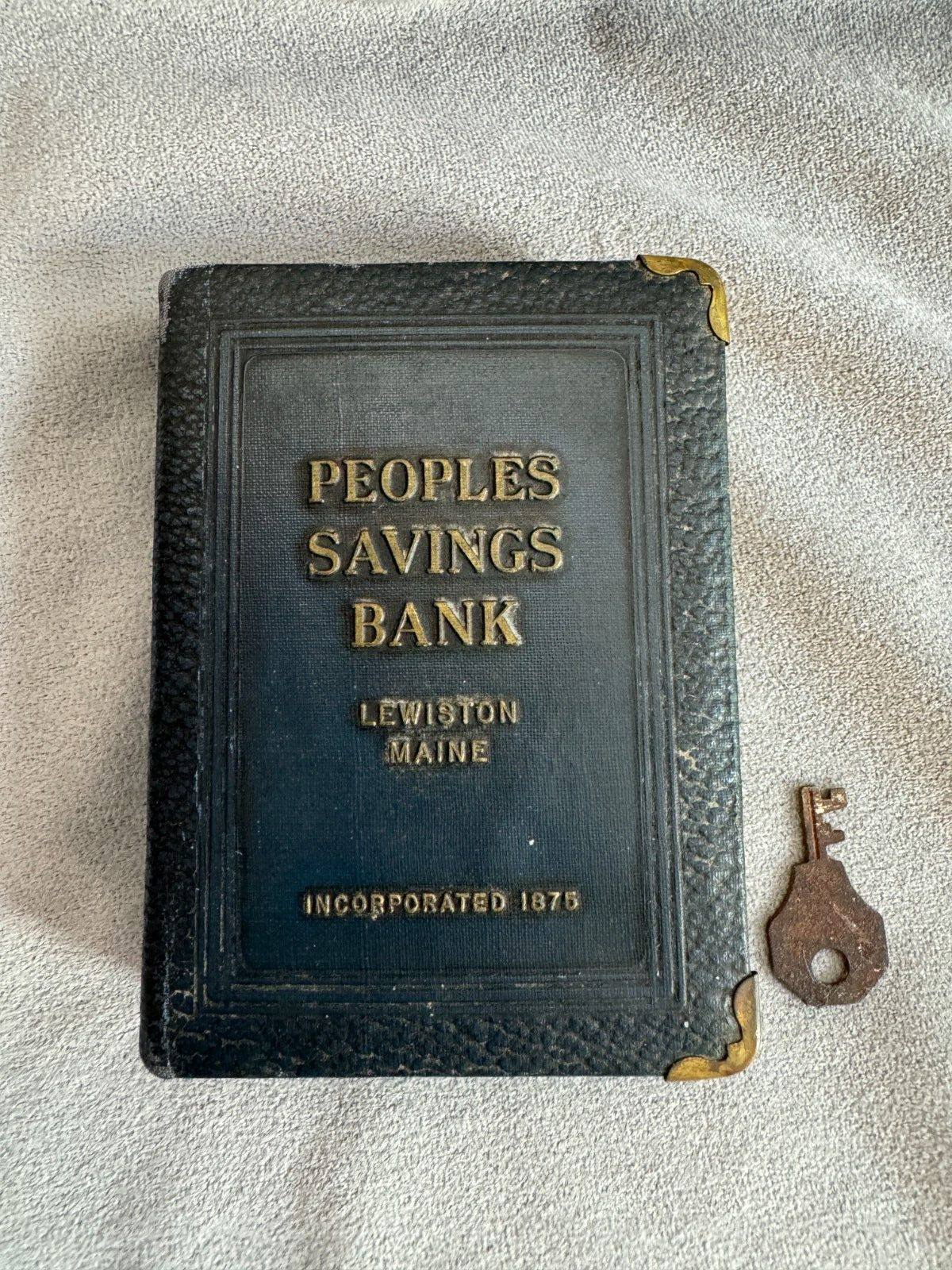 Vintage Metal Book Bank “Peoples Savings Bank, Lewiston Maine” & Key