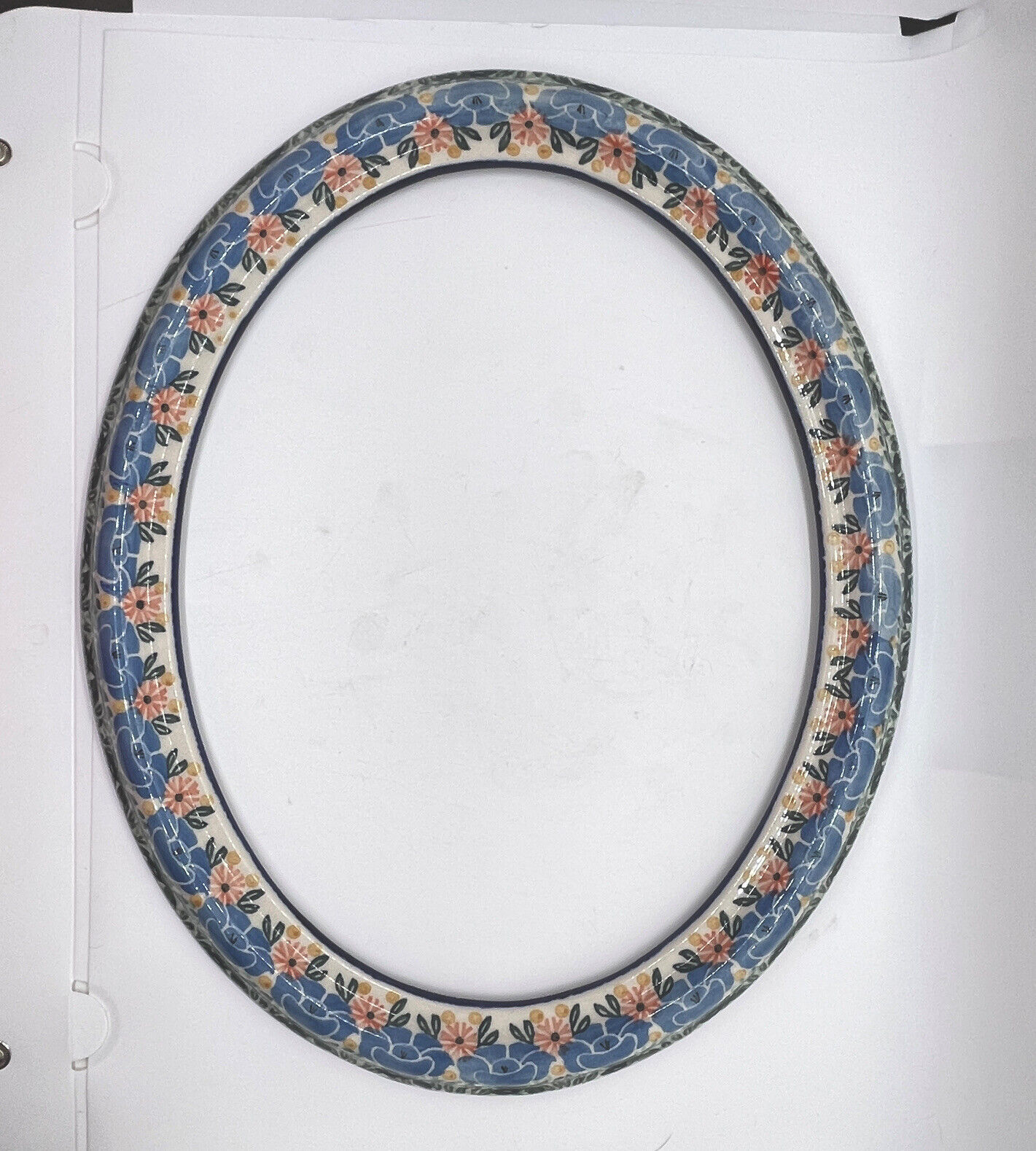 Rare Unikat Polish Pottery 13” Oval Frame Ceramika Artystyczna Marked Flowers