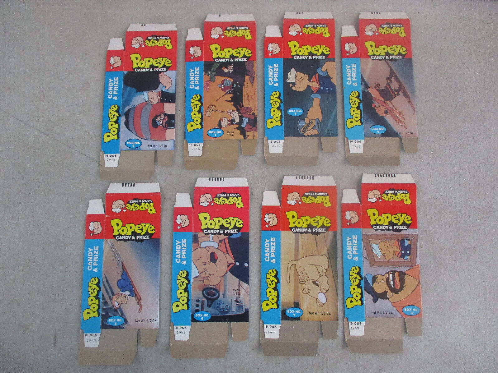 SET OF 8 VINTAGE 1979 POPEYE CANDY AND PRIZE BOX PACKAGING FLAT KING FEATURES