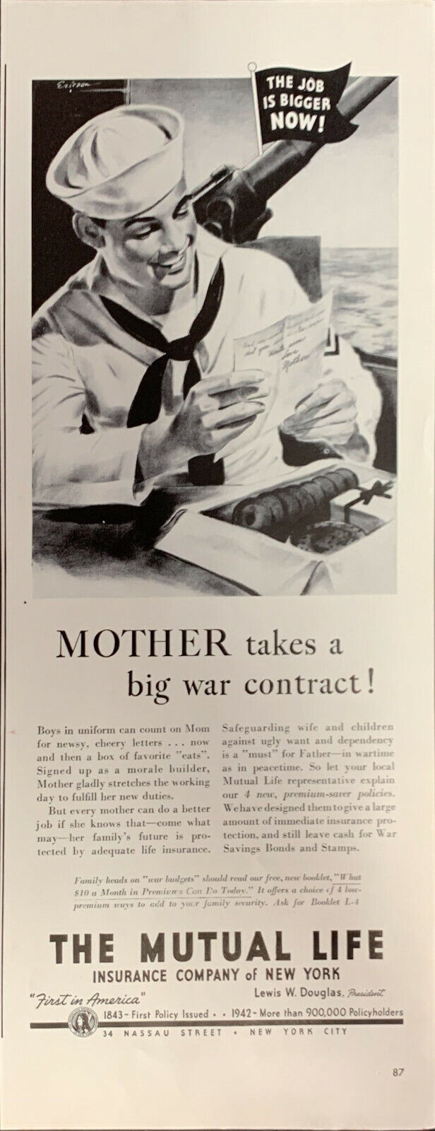 Vintage 1942 The Mutual Life Insurance Job Is Bigger Now Print Ad Advertisement