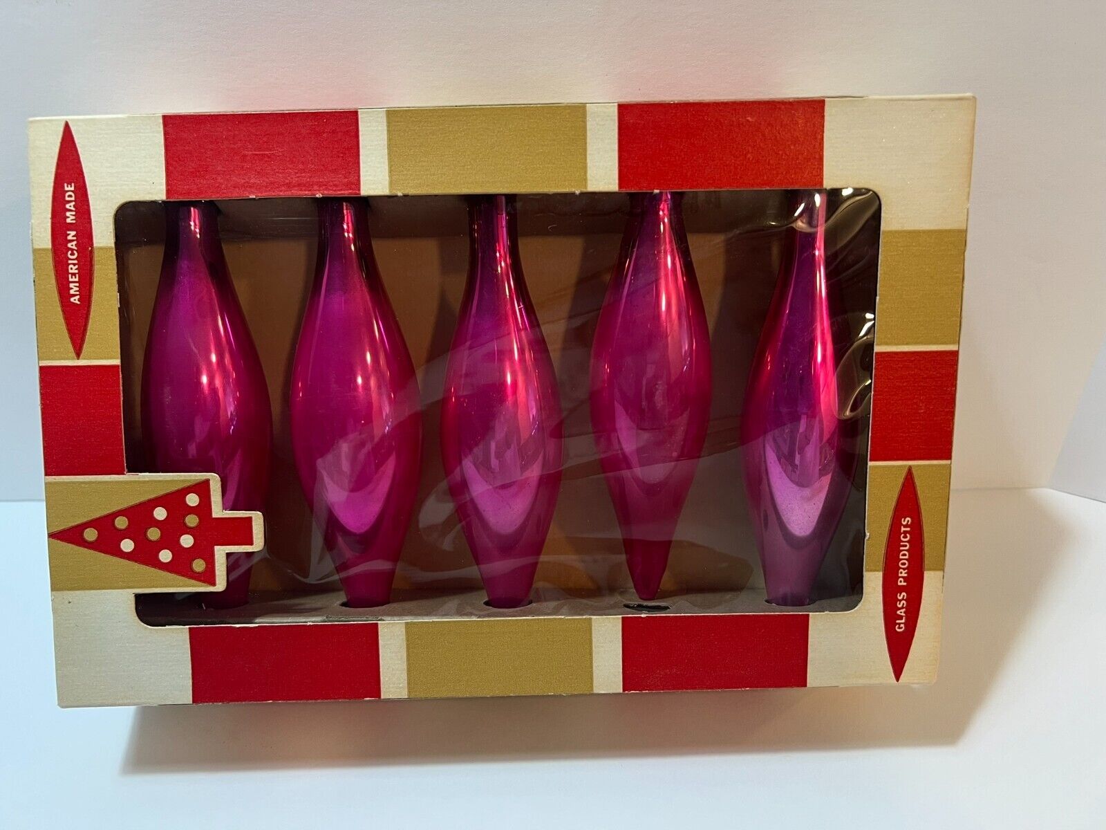 VTG Coby Glass Christmas Tree Ornaments Set Of 5 Magenta / Pink Teardrops 4.5 in