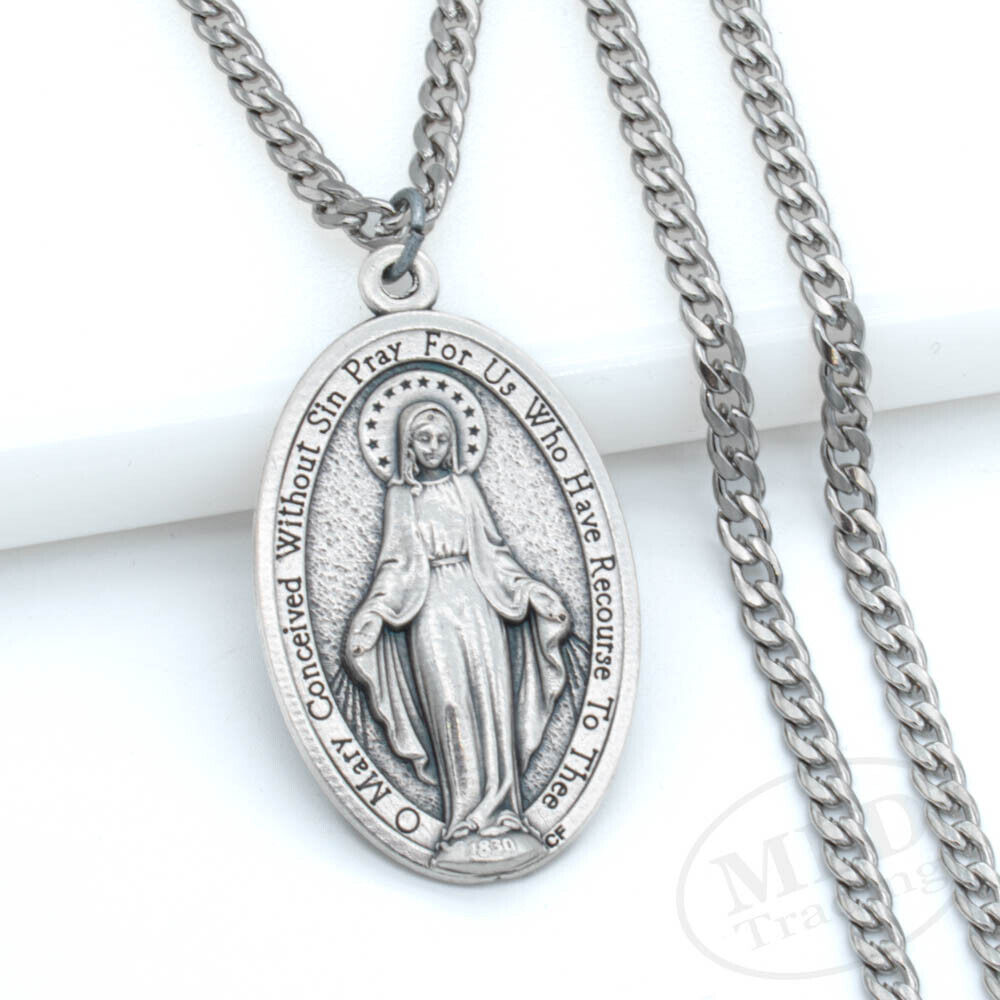 Authentic Italian Miraculous Medal Pendant Necklace w Stainless Steel Curb Chain