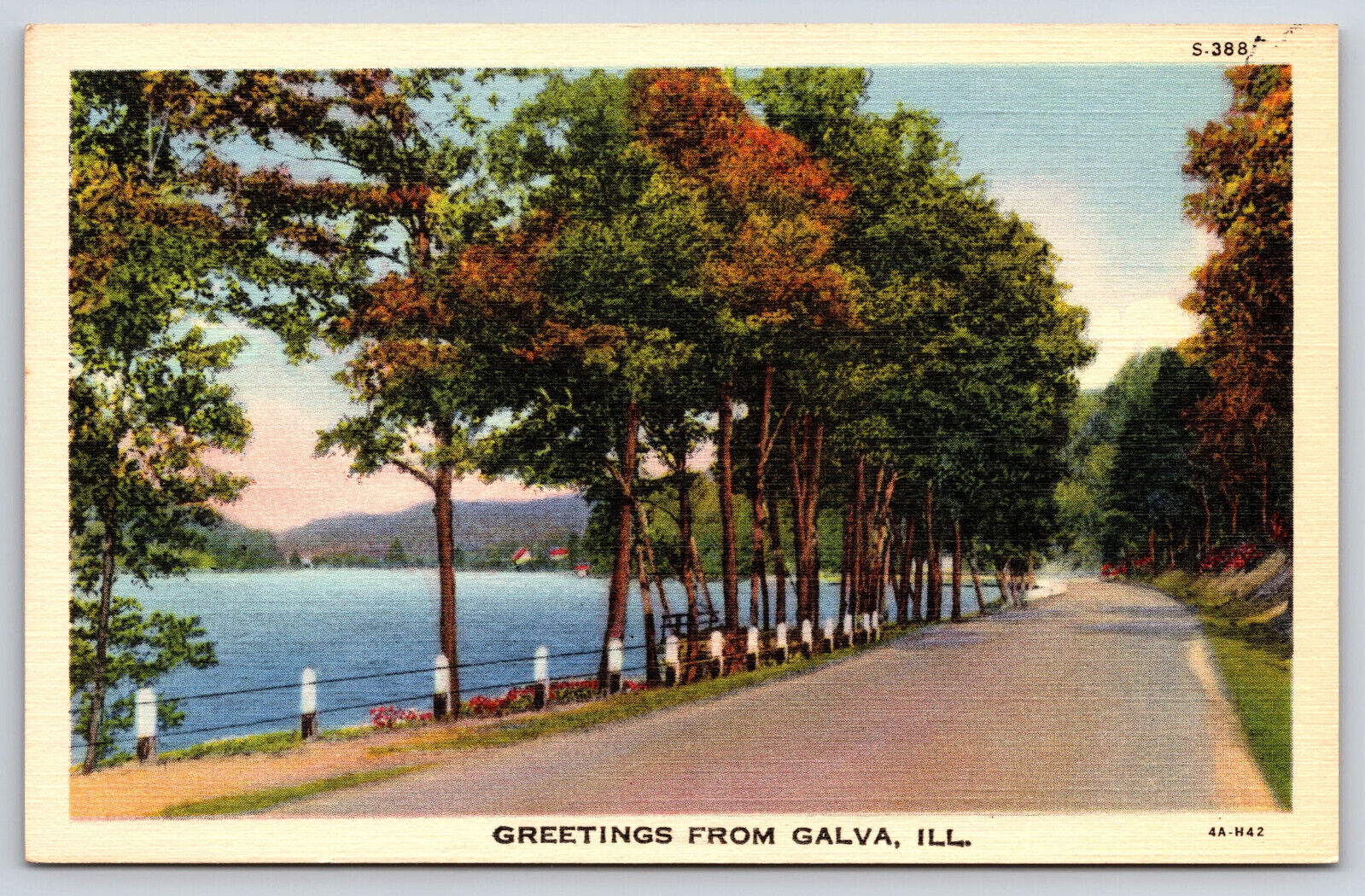 Galva IL-Illinois, Landscape Lake Shore Road Fall Trees, Vintage Linen Postcard