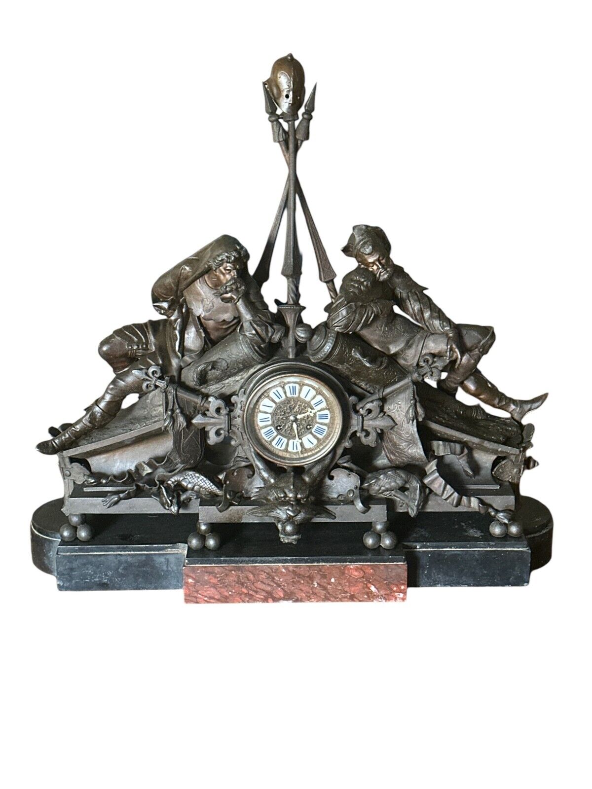 massive victorian french mantle clock  figural knights dragons gargoyles 1880s