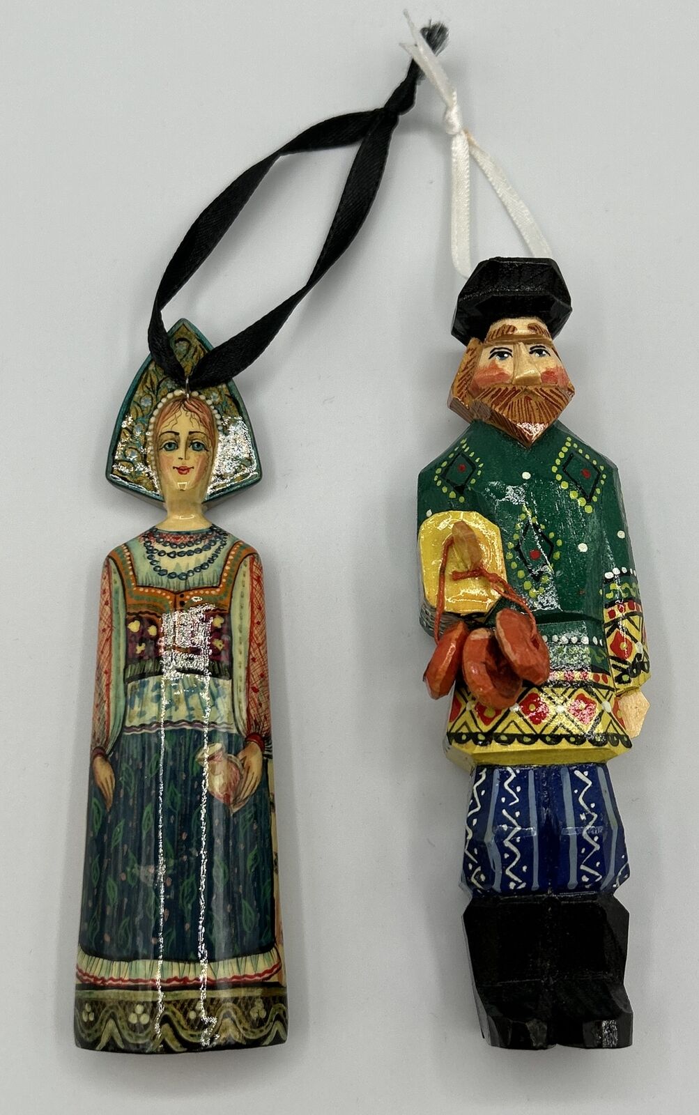 Vintage Lacquer Hand Carved & Painted Wooden Russian Man and Woman Ornaments