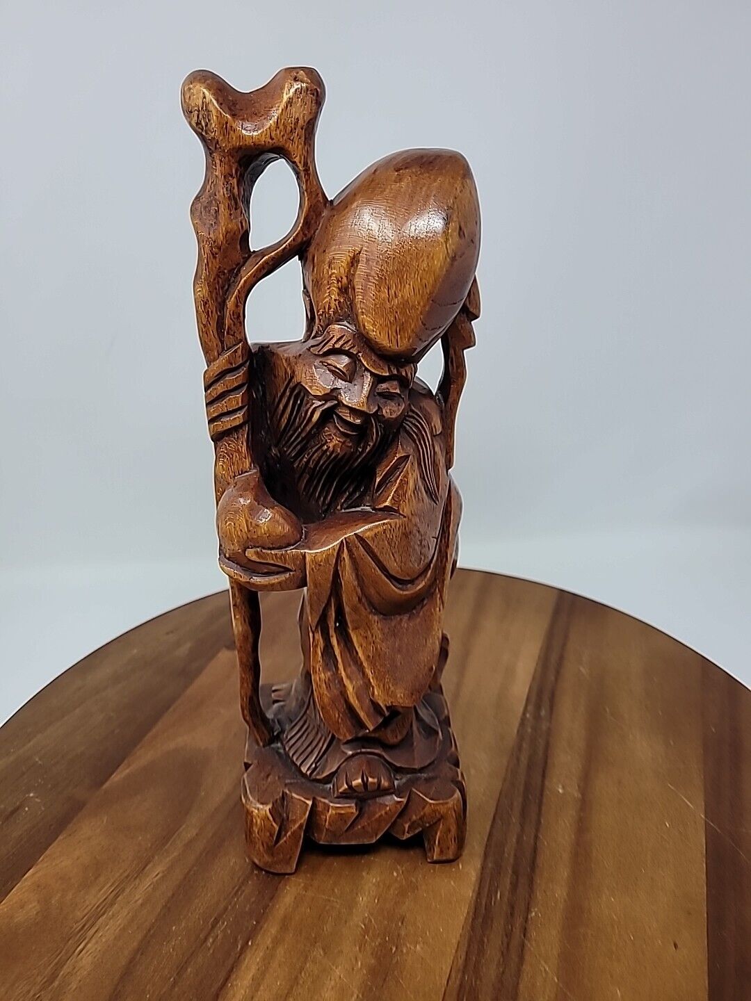 Vintage Antique Carved Wood Chinese Wise Old Man Statue Figurine & Bird