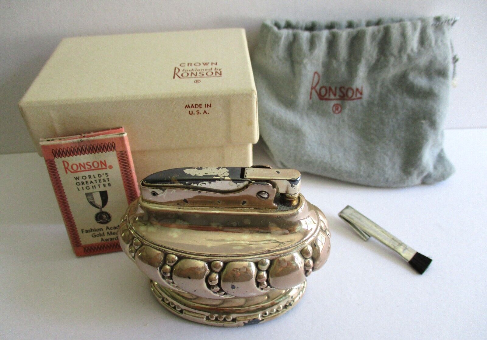 Vintage Ronson Crown Table Lighter, Silver Plated; Original Packaging, Booklet