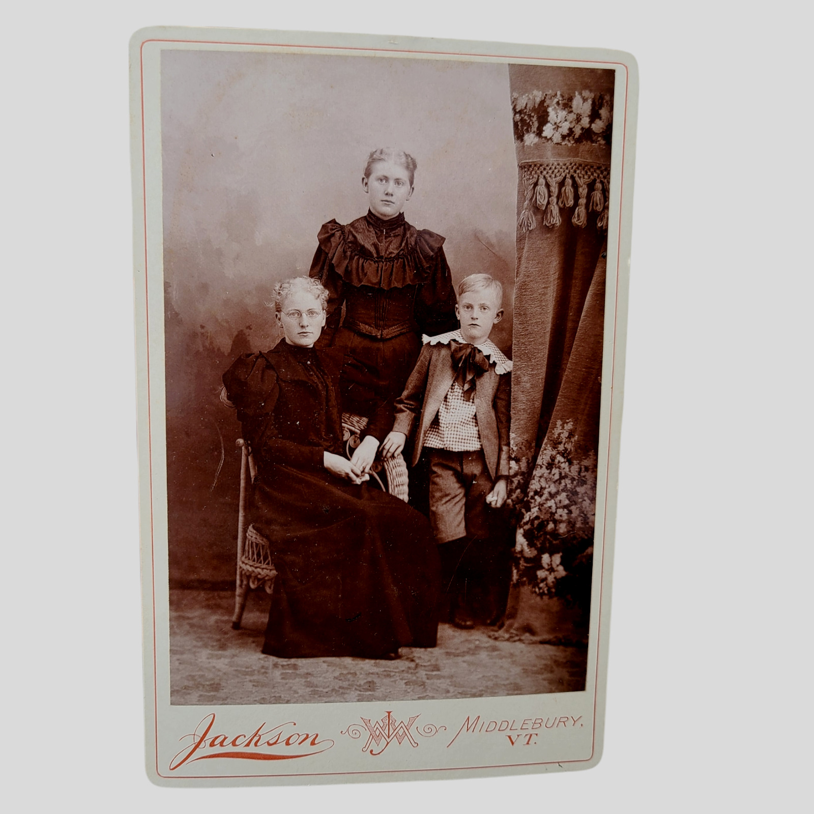 Antique 2 Young Ladies & Boy Ruffles Cabinet Card Photo Vtg Middlebury Vermont