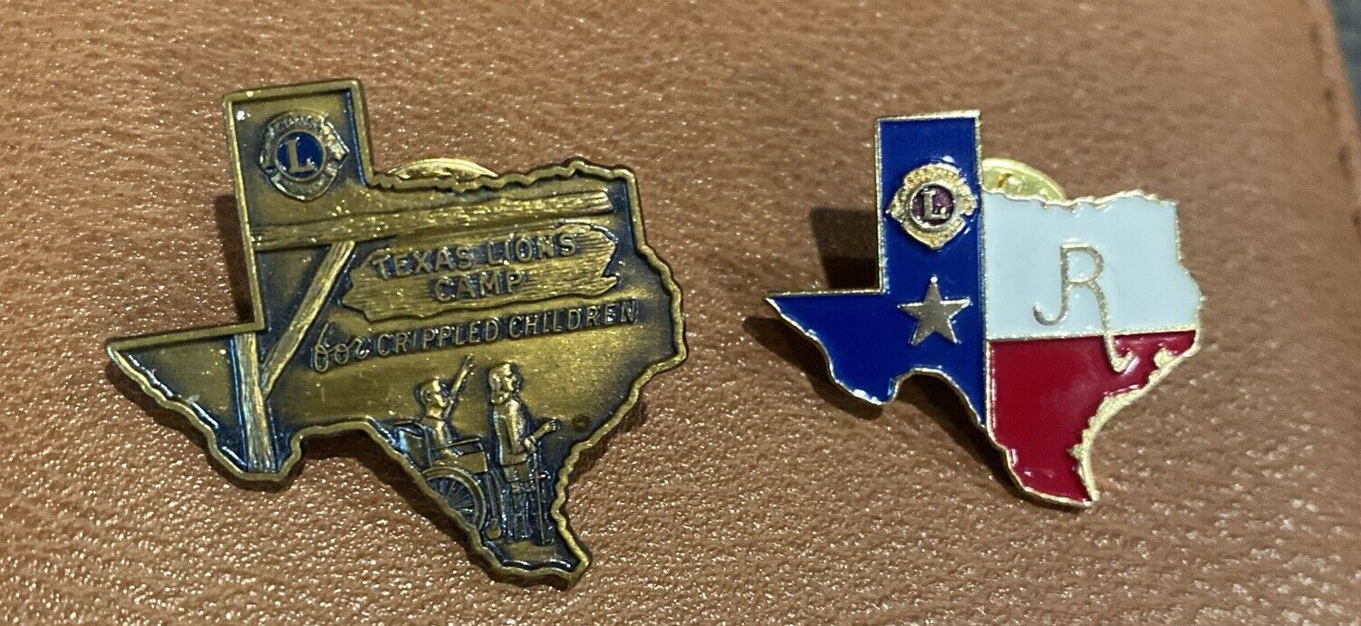 2 Lions Club lapel Pins - Texas 1968 Camp for Crippled Children brooch badge