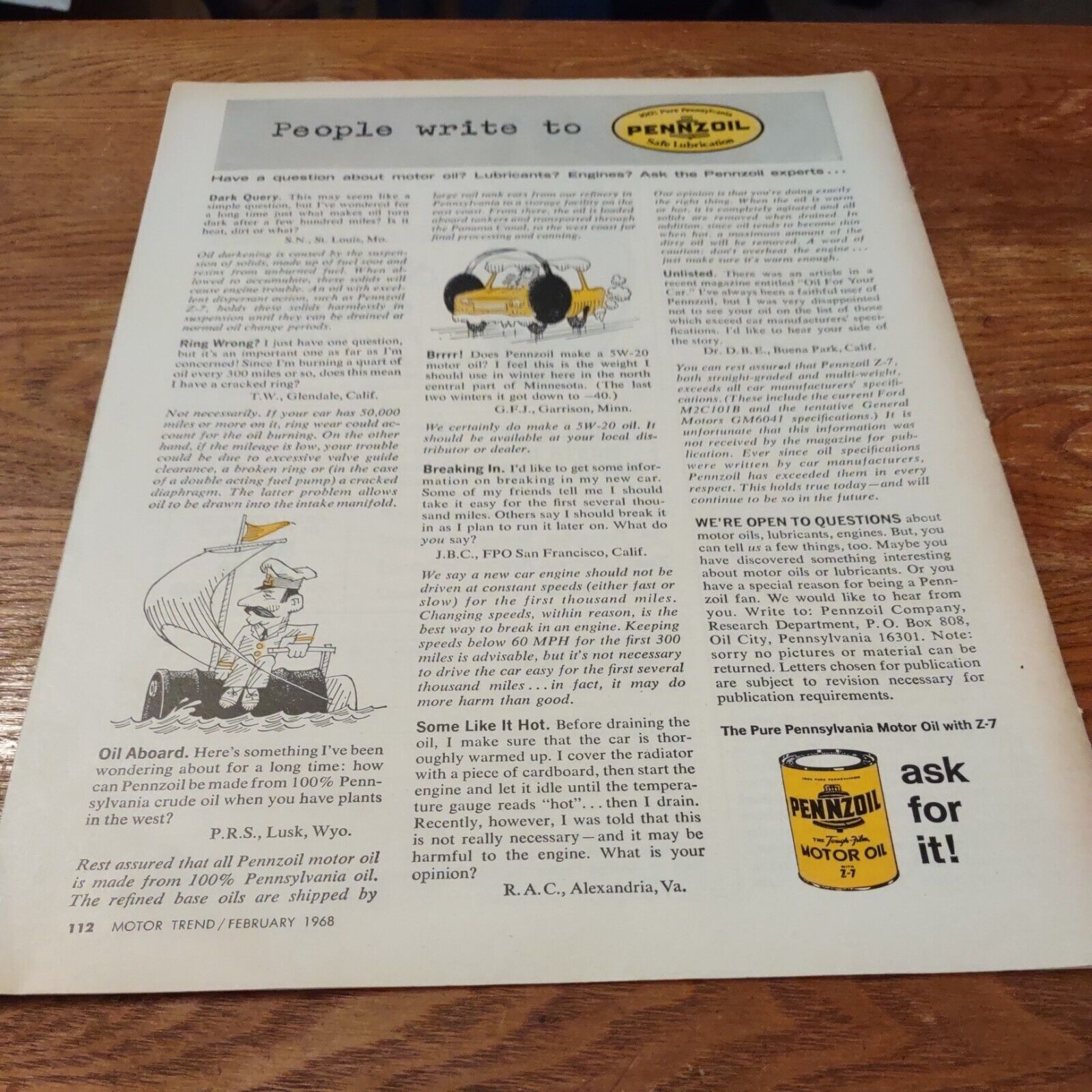 1968 People Write To Pennzoil Magazine Ad