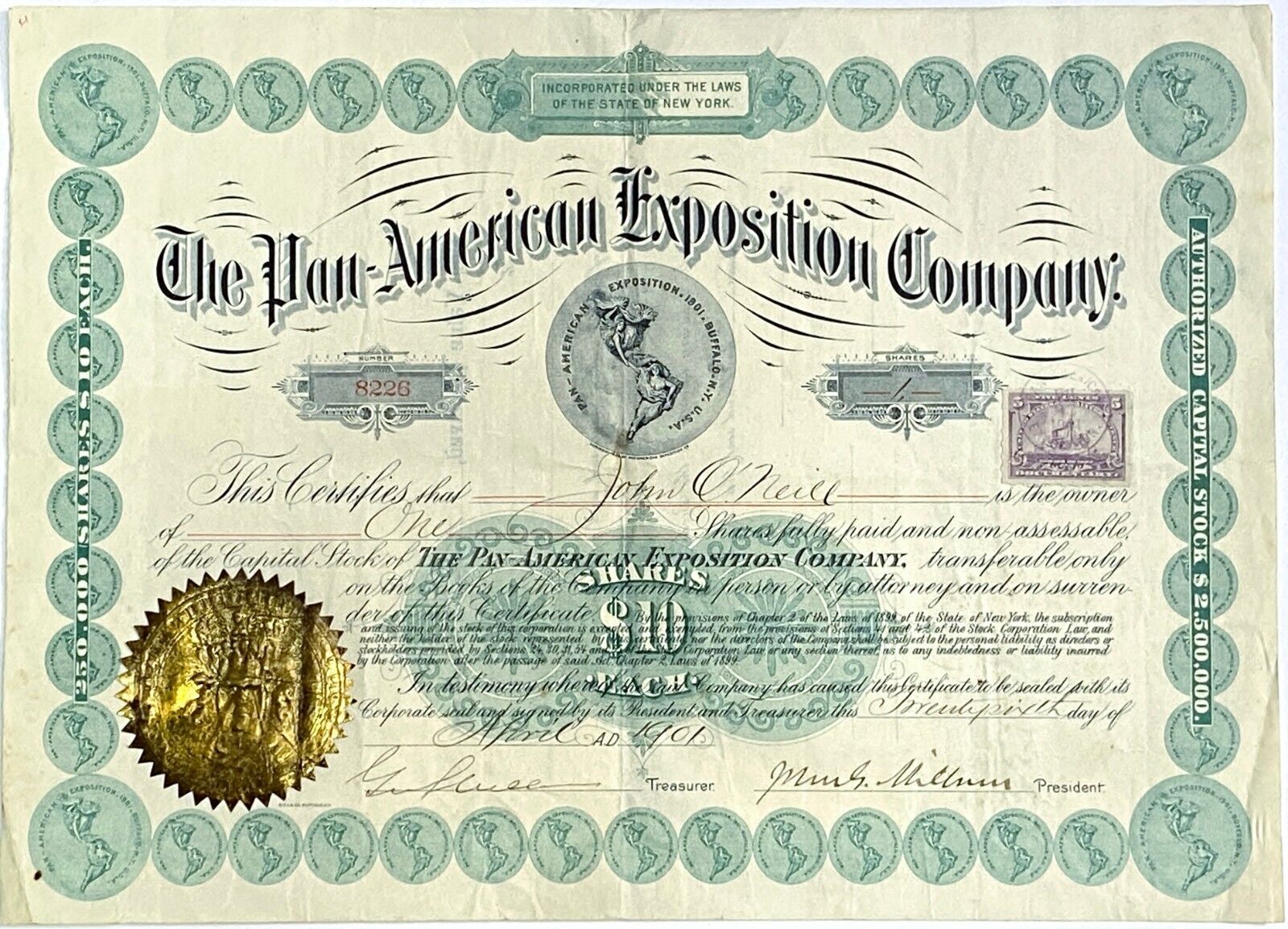 1901 ‘The Pan American Exposition Company’ Stock Certificate Gold Seal & Revenue