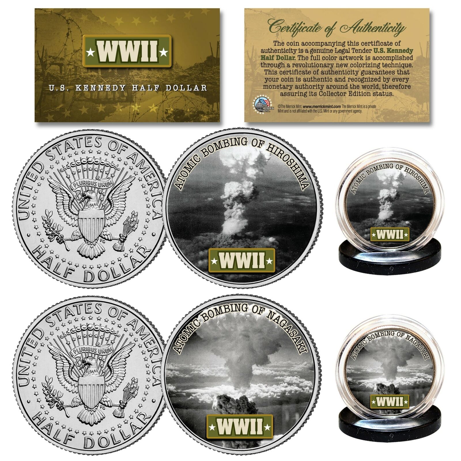 WWII ATOMIC BOMBING of Japan Hiroshima & Nagasaki Kennedy Half Dollar 2-Coin Set