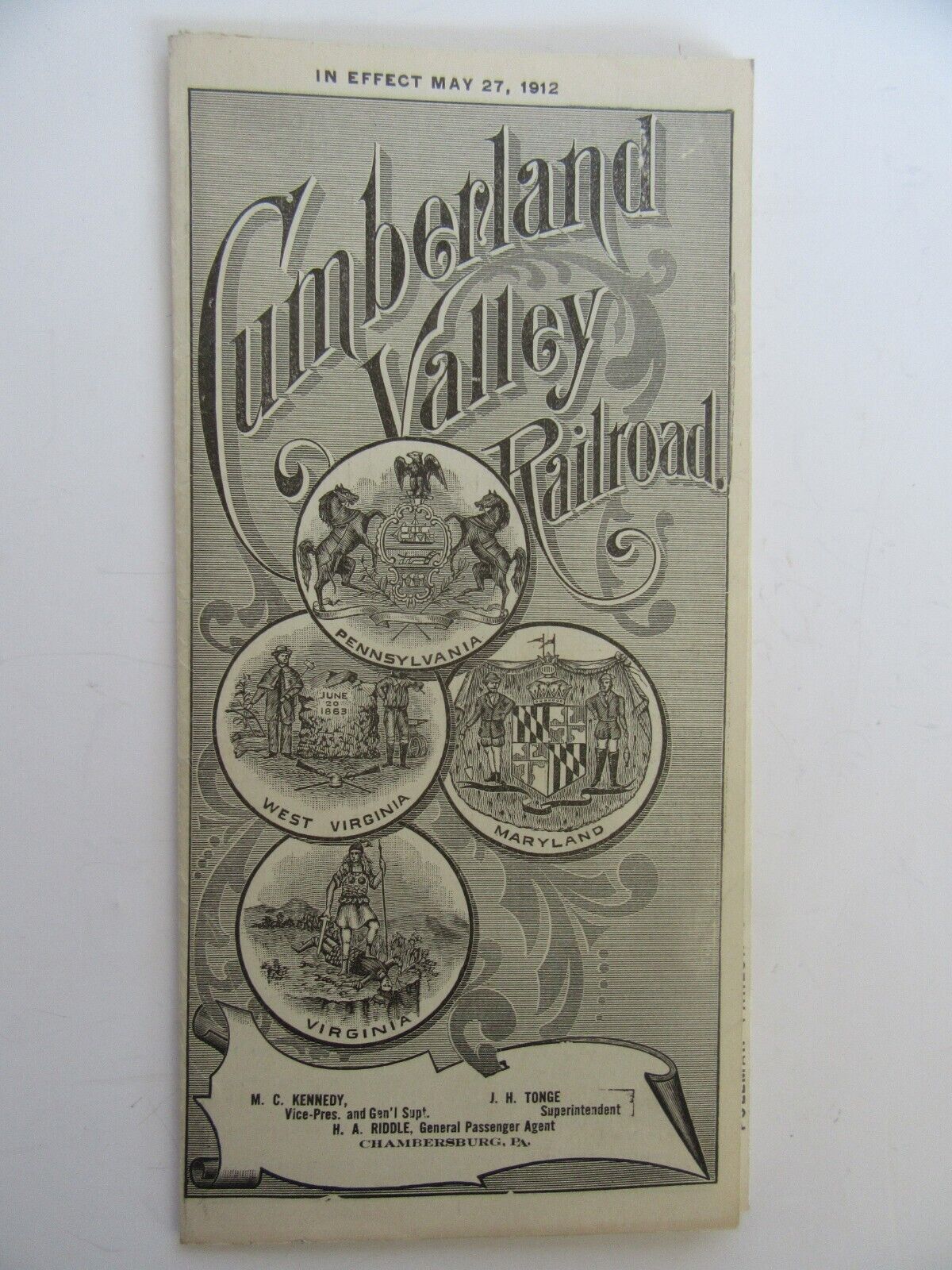 Antique 1912 Cumberland Valley Railroad, CVRR Timetable, Pennsylvania