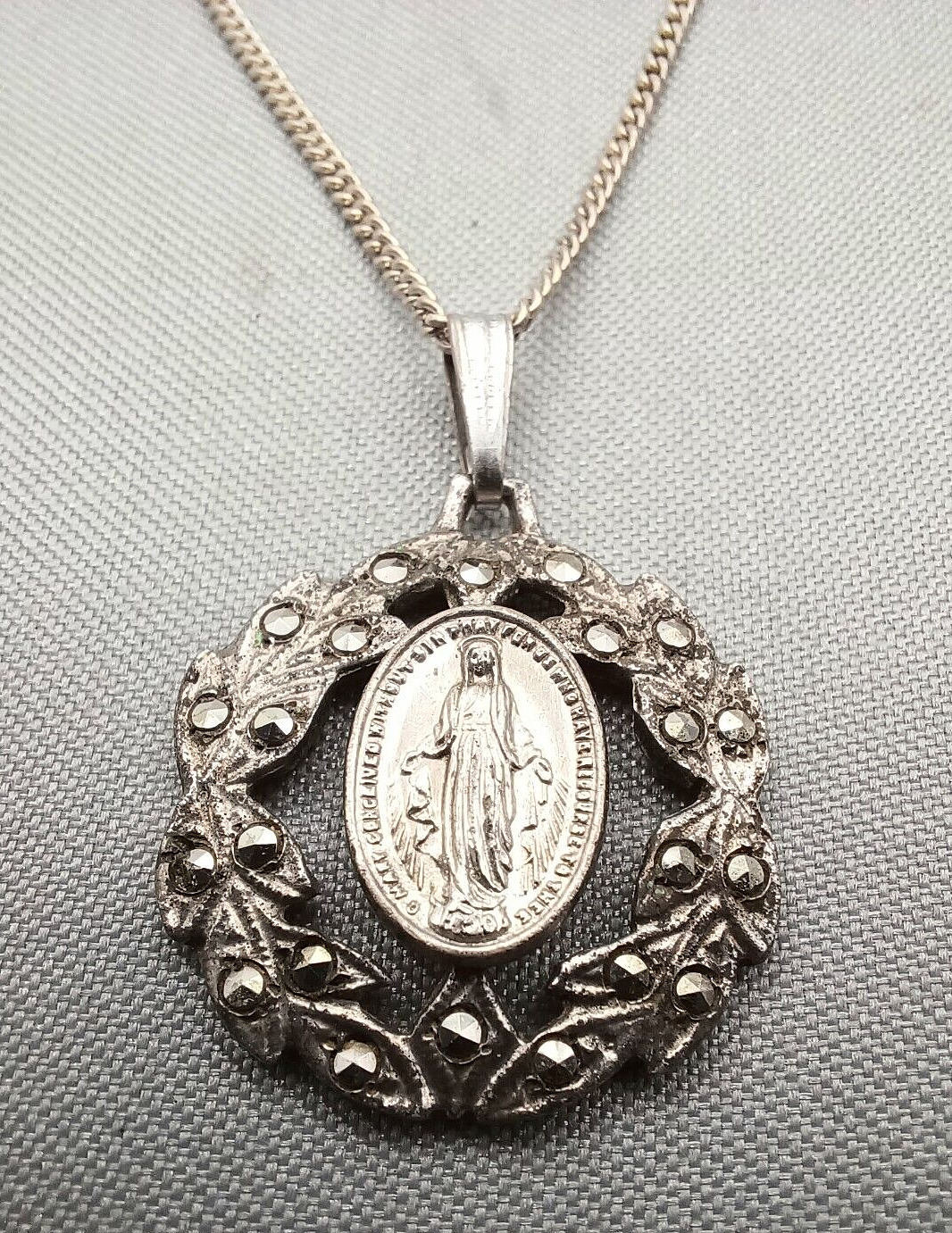 Vintage Miraculous Medal Pendant Necklace Sterling Silver Marcasite Mother Mary