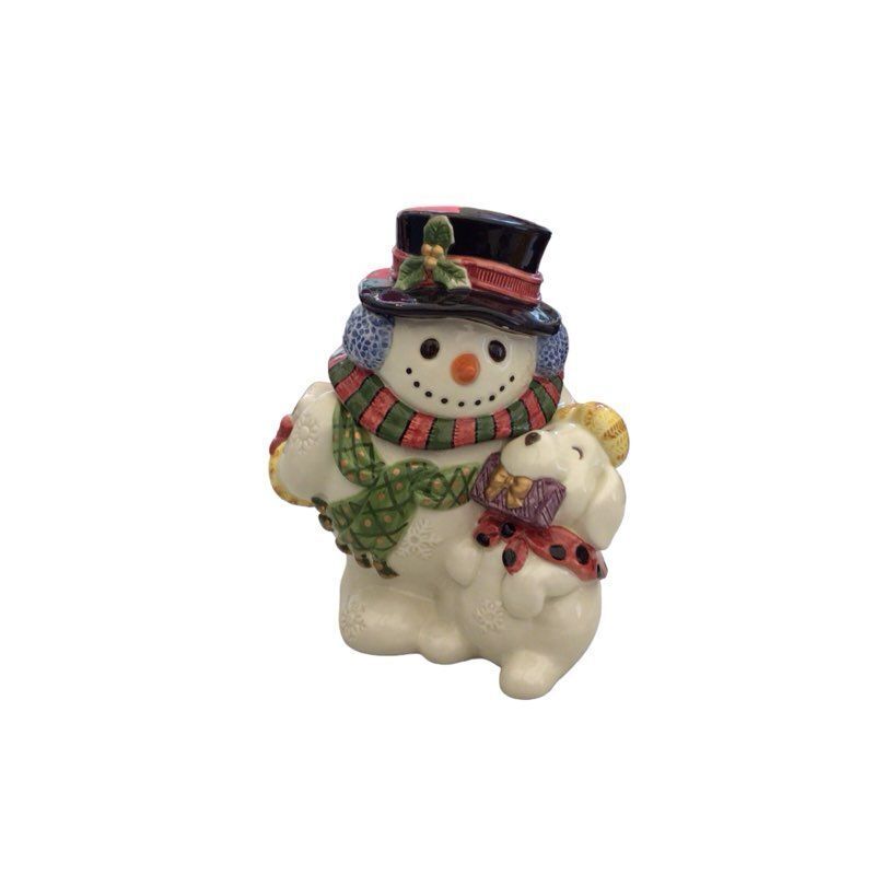 Vintage (Rare) 7.5” Fitz And Floyd Frosty Folks Snowman/puppy Cookie/candy Jar.