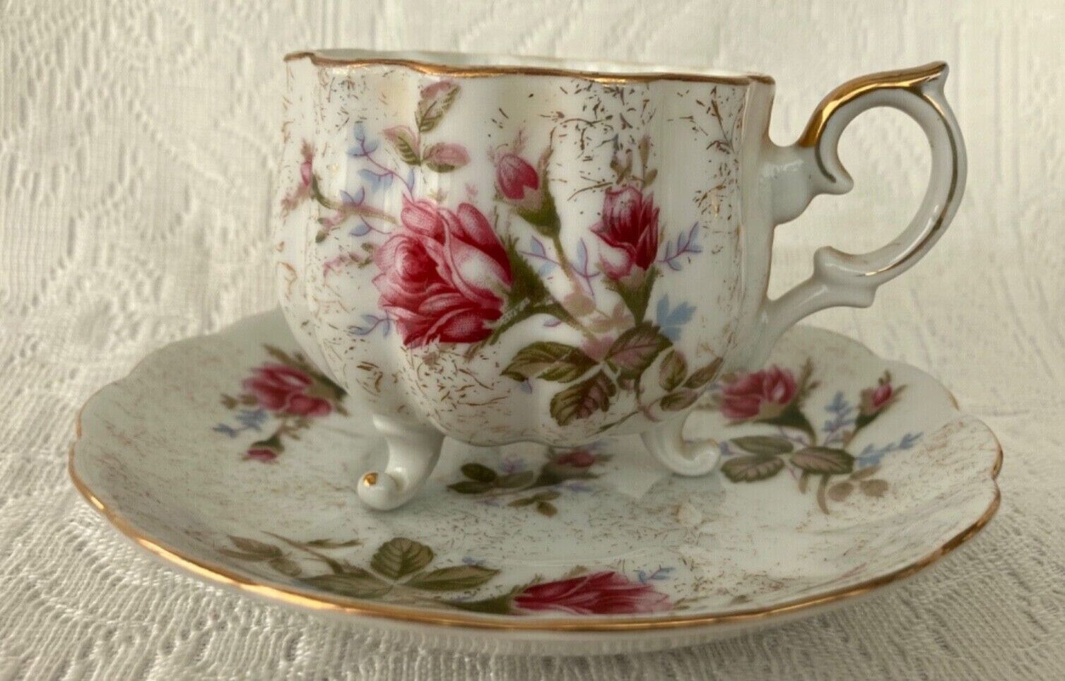Vintage Marco China Teacup & Saucer 3 Footed Cup Pink Roses Excellent