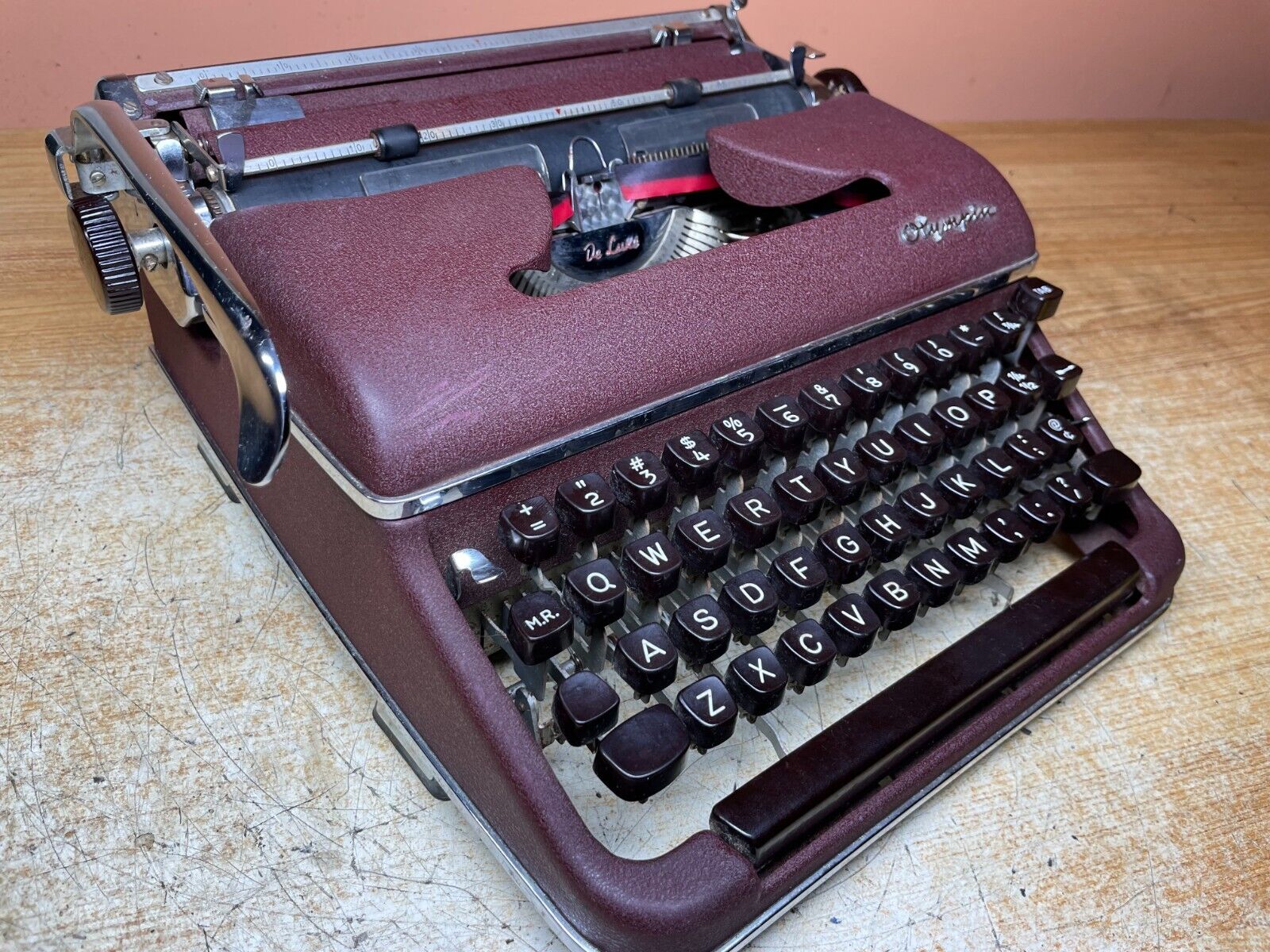 1958 Olympia SM3 Working Maroon Vintage Portable Typewriter w New Ink