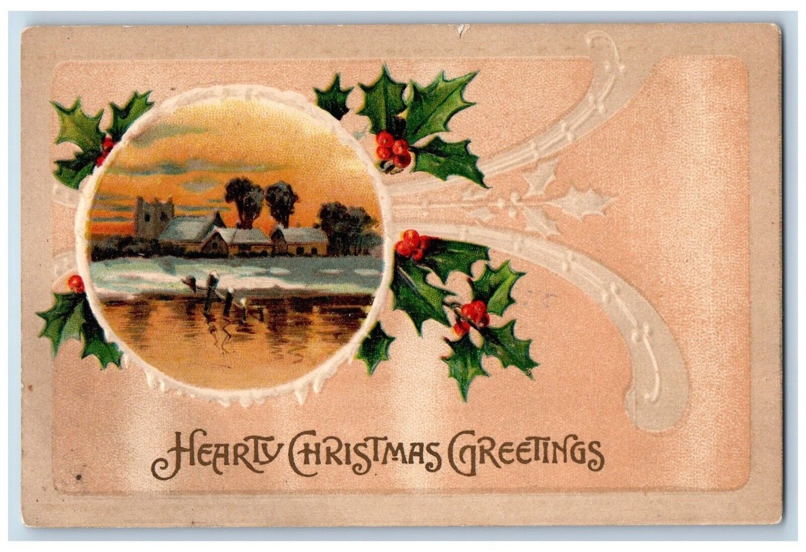 Christmas Postcard Greeting Holly Berries House Winter Embossed Germany c1910\'s