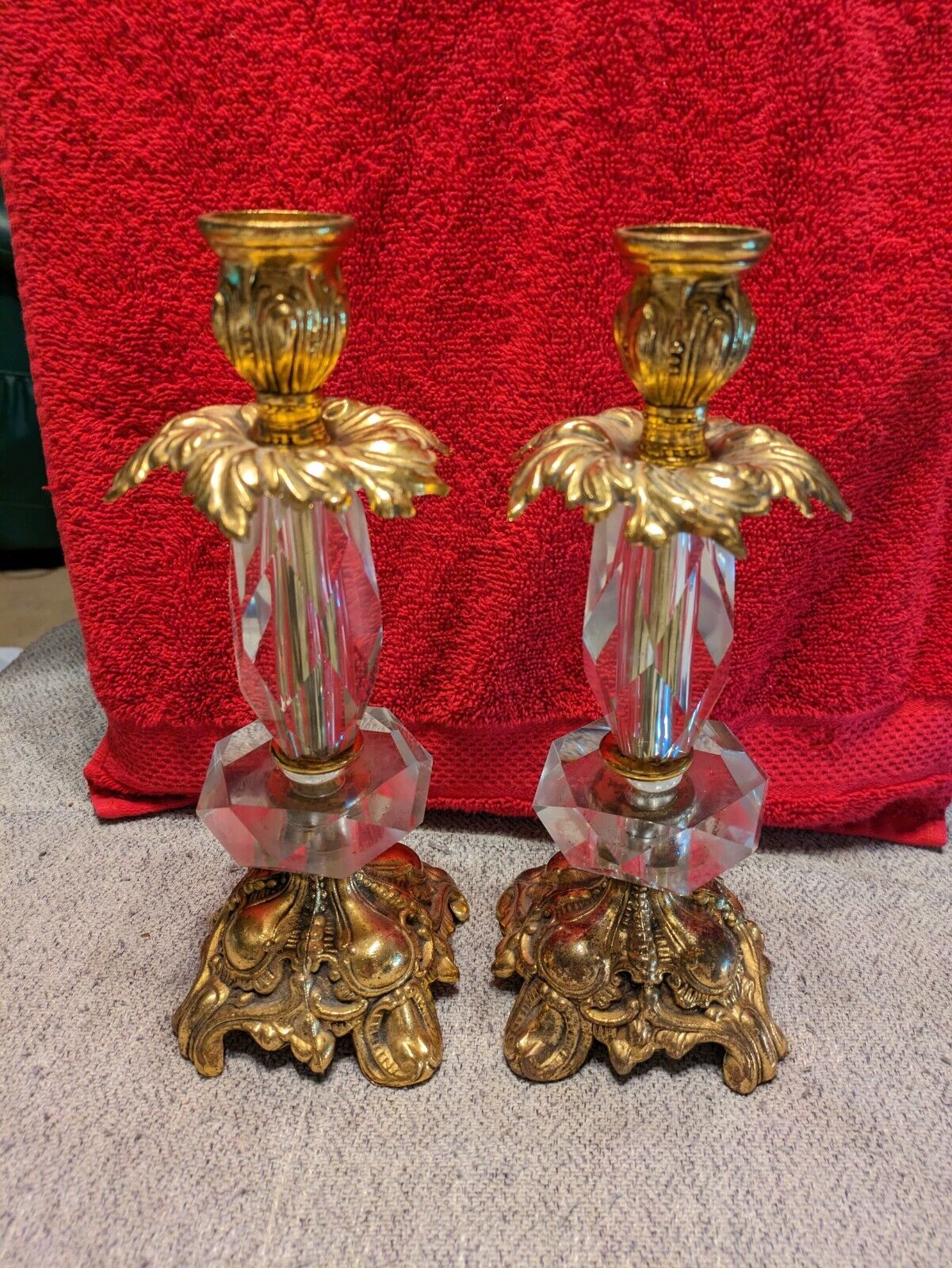 Pair Vintage Gold & Lucite Hollywood Regency Ornate Candle Holders