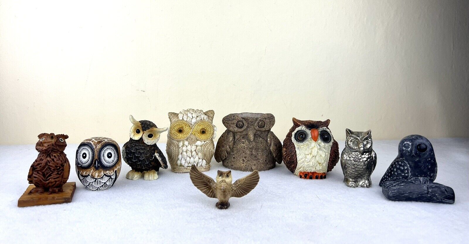 Lot Of 9 Vintage Owl Figurines Resin, Nut, Shell, Stone, Metal Flaw Cottage Core