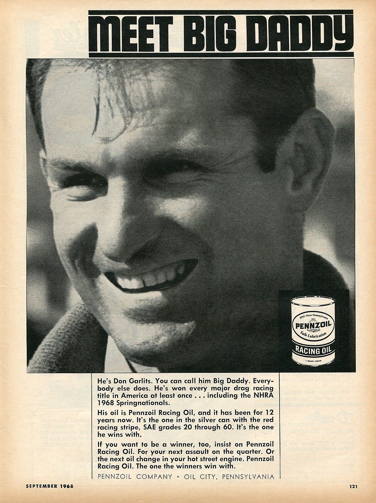 1968 Pennzoil Racing Motor Oil Meet Big Daddy Don Garlits Print Ad
