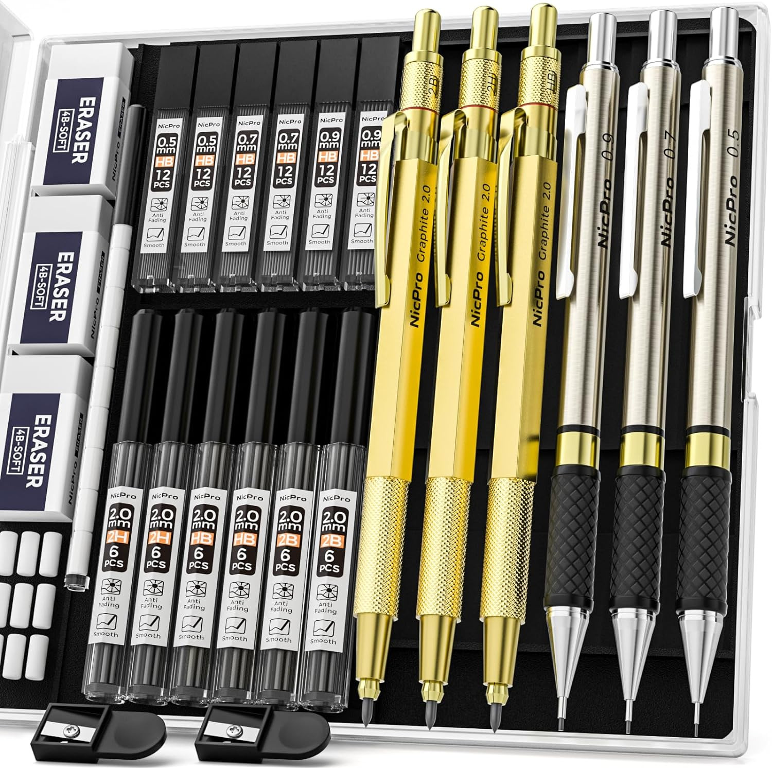 Gold Art Mechanical Pencils Set, Metal Drafting Pencil 0.5, 0.7, 0.9Mm & 2Mm Lea