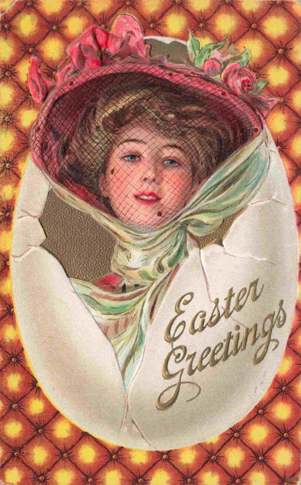 Pretty Fashionable Lady Inside Easter Egg Face Netting F Earl Christy Postcard