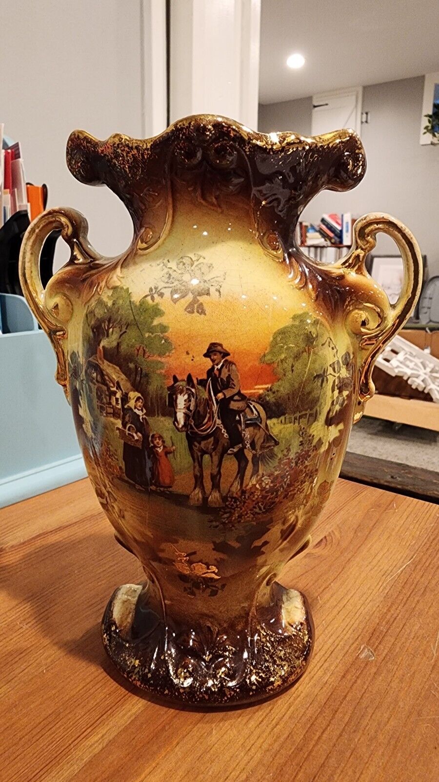 Victorian English Vase With Horse And Cottage