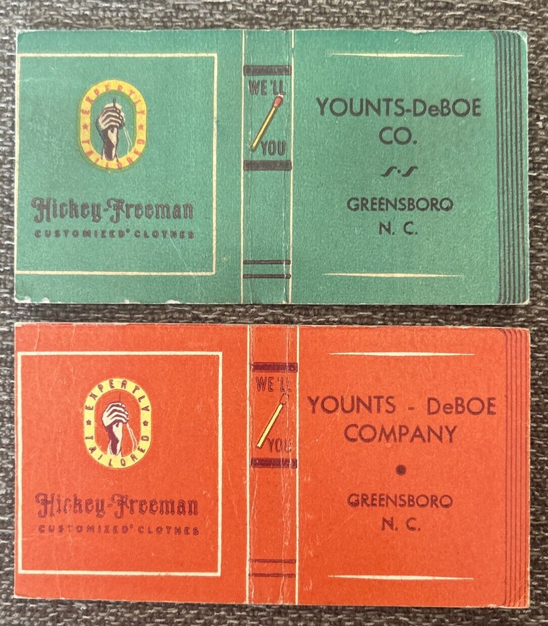 VTG HICKEY-FREEMAN CLOTHES MATCHBOOK COVERS, YOUNTS-DeBOE CO. GREENSBORO, N.C.