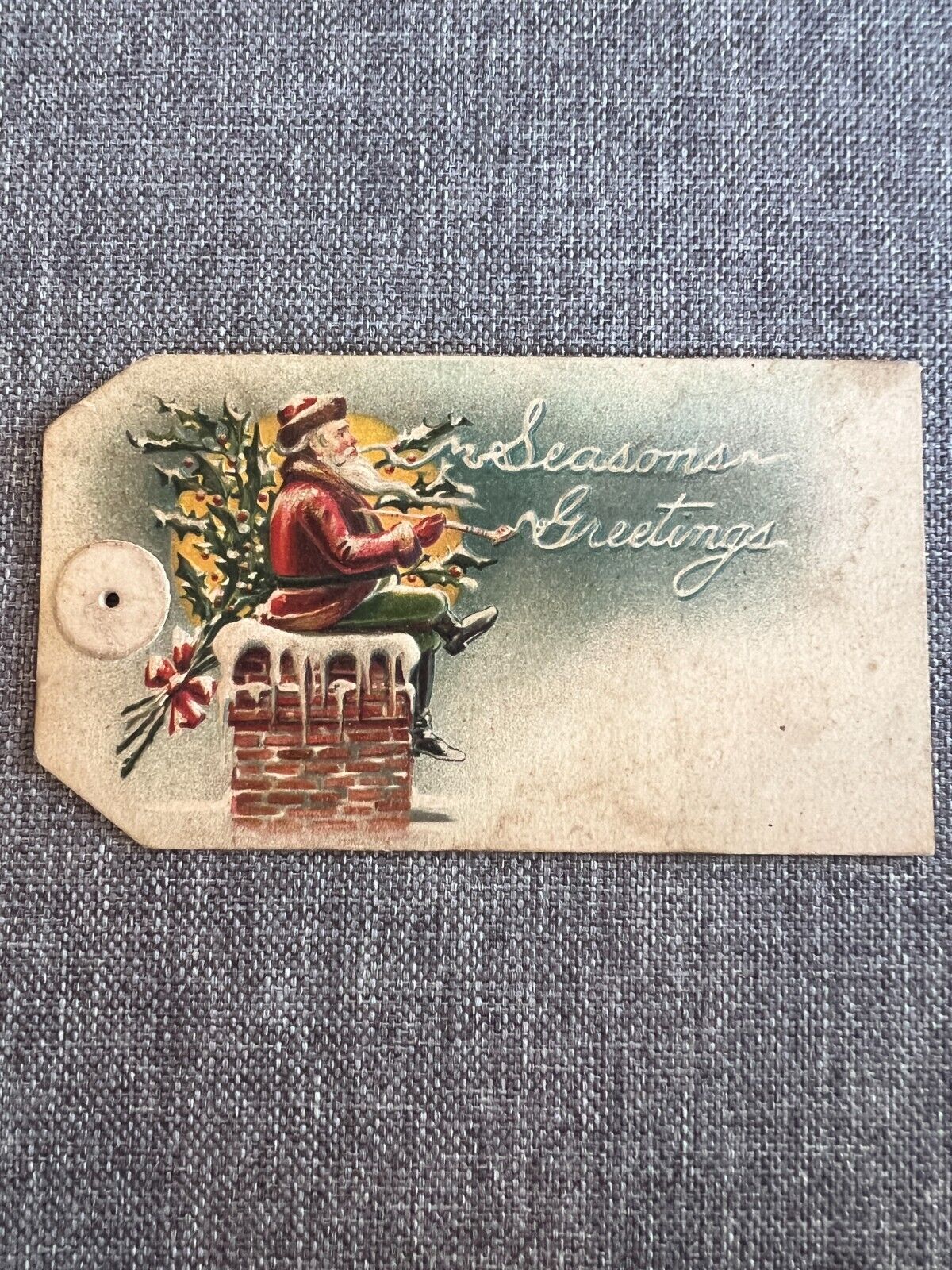 Antique/Vtg Box Santa Claus with Smoking Pipe Embossed Gift Tag WONDERFUL