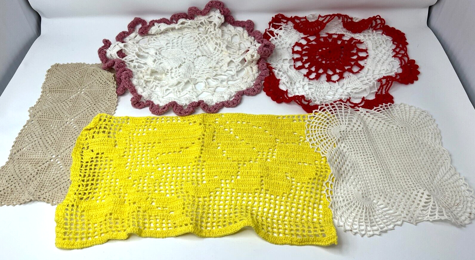 VTG Estate Find Lot of 5 Hand Crochet Doilies Round Square Rectangle