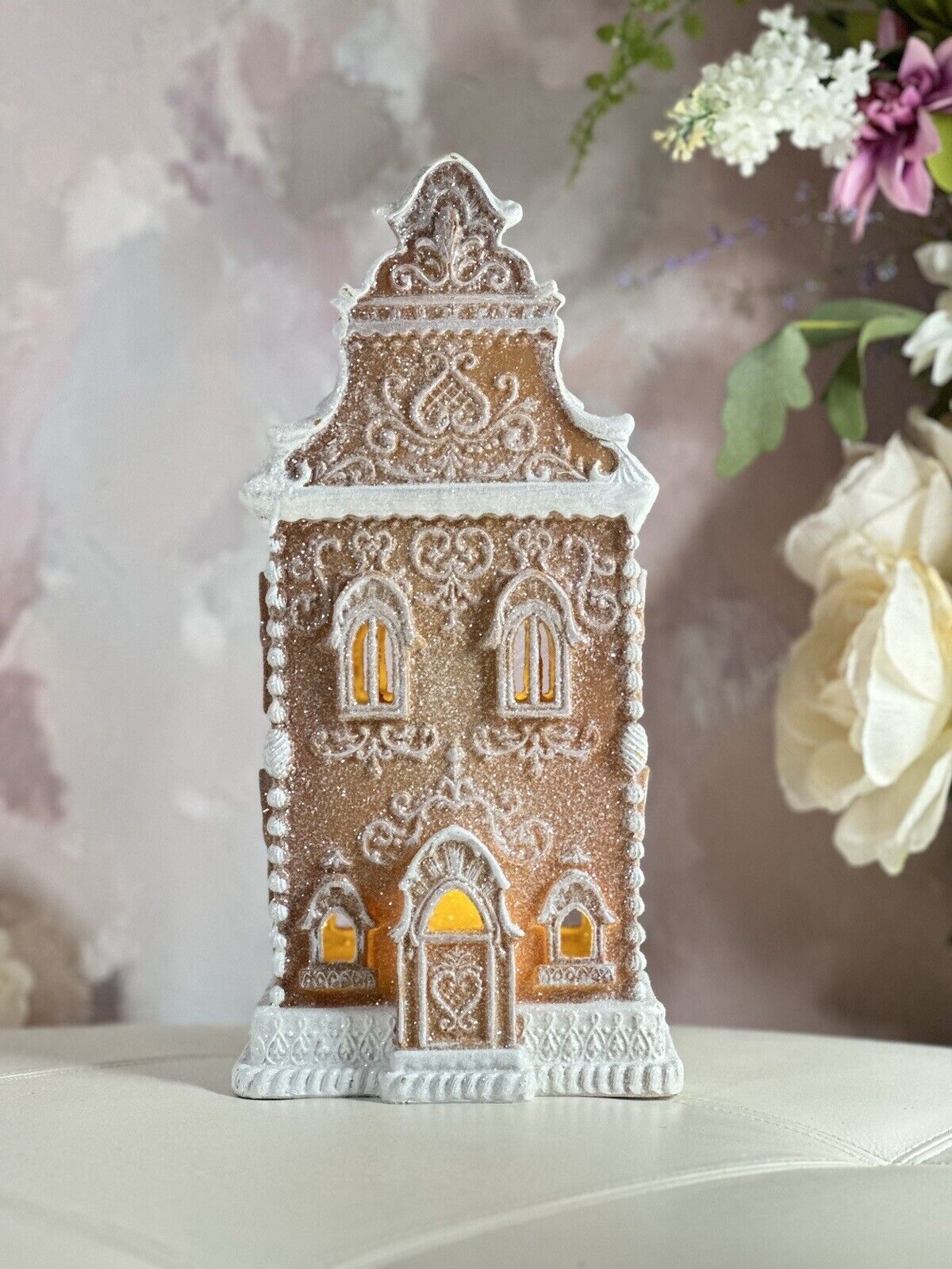 Christmas LED 14”Gingerbread Victorian House W/Beautiful Lace Swirls Frosted NEW