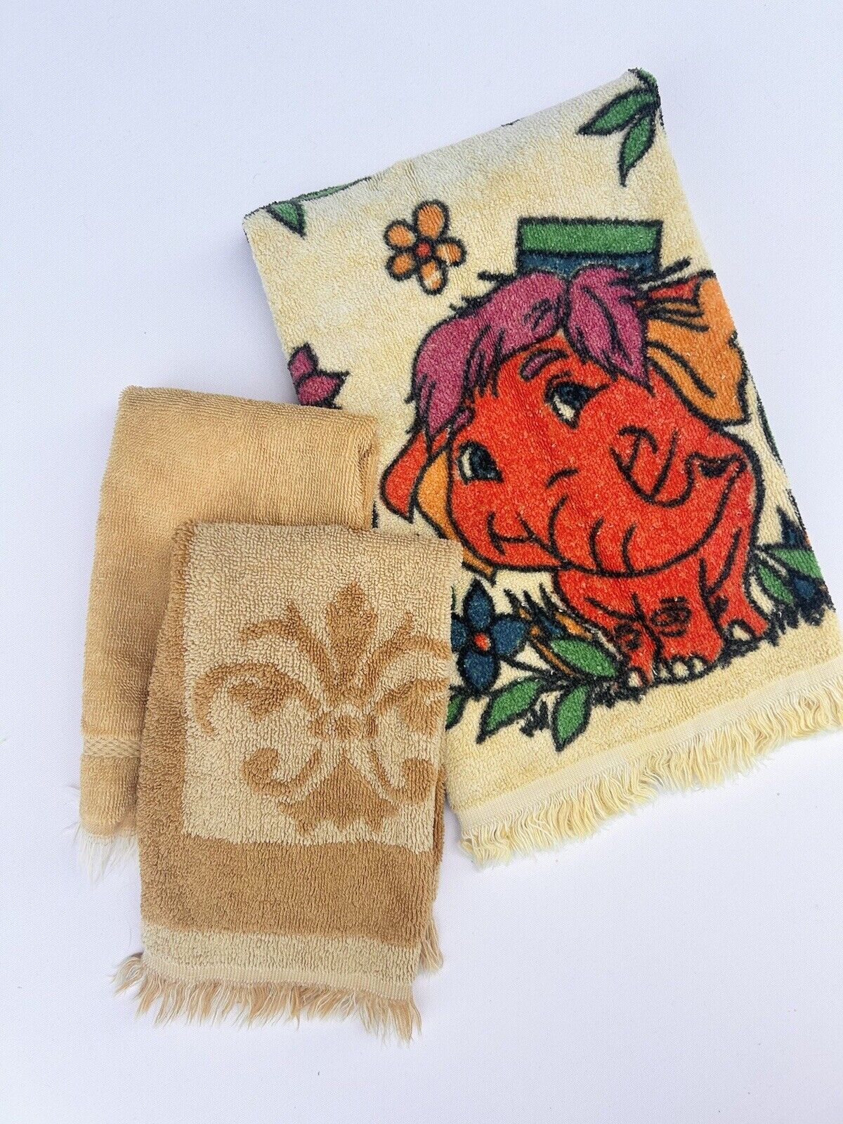 3 70S Hand Wash Cloth Towel Set Baby Elephant Flower Power Mustard Yellow