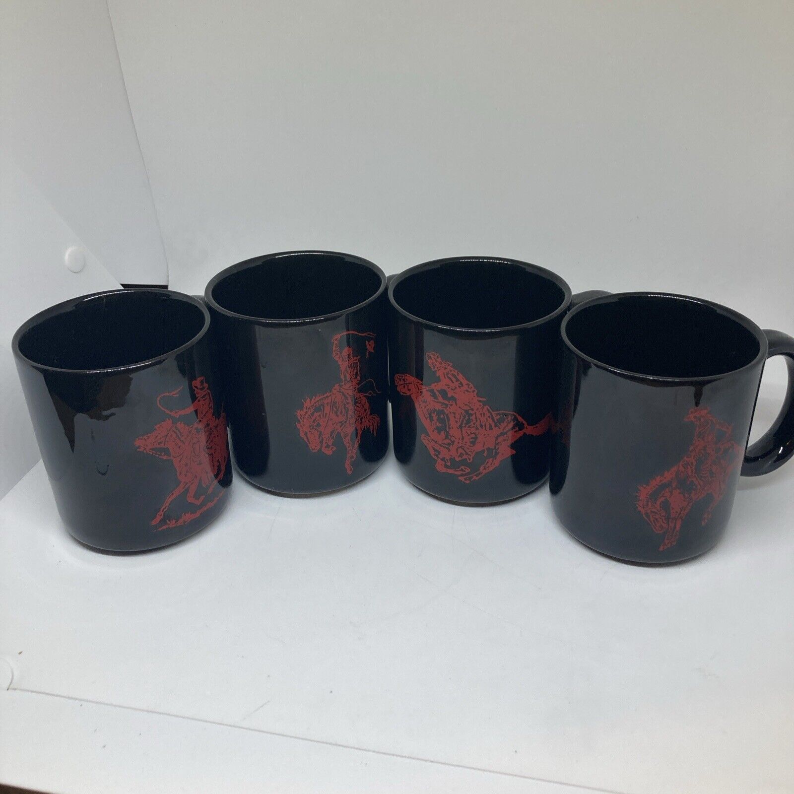 4 Vintage Marlboro Coffee Cups Mugs Black Red Cowboy Horse, Pony Express Rider
