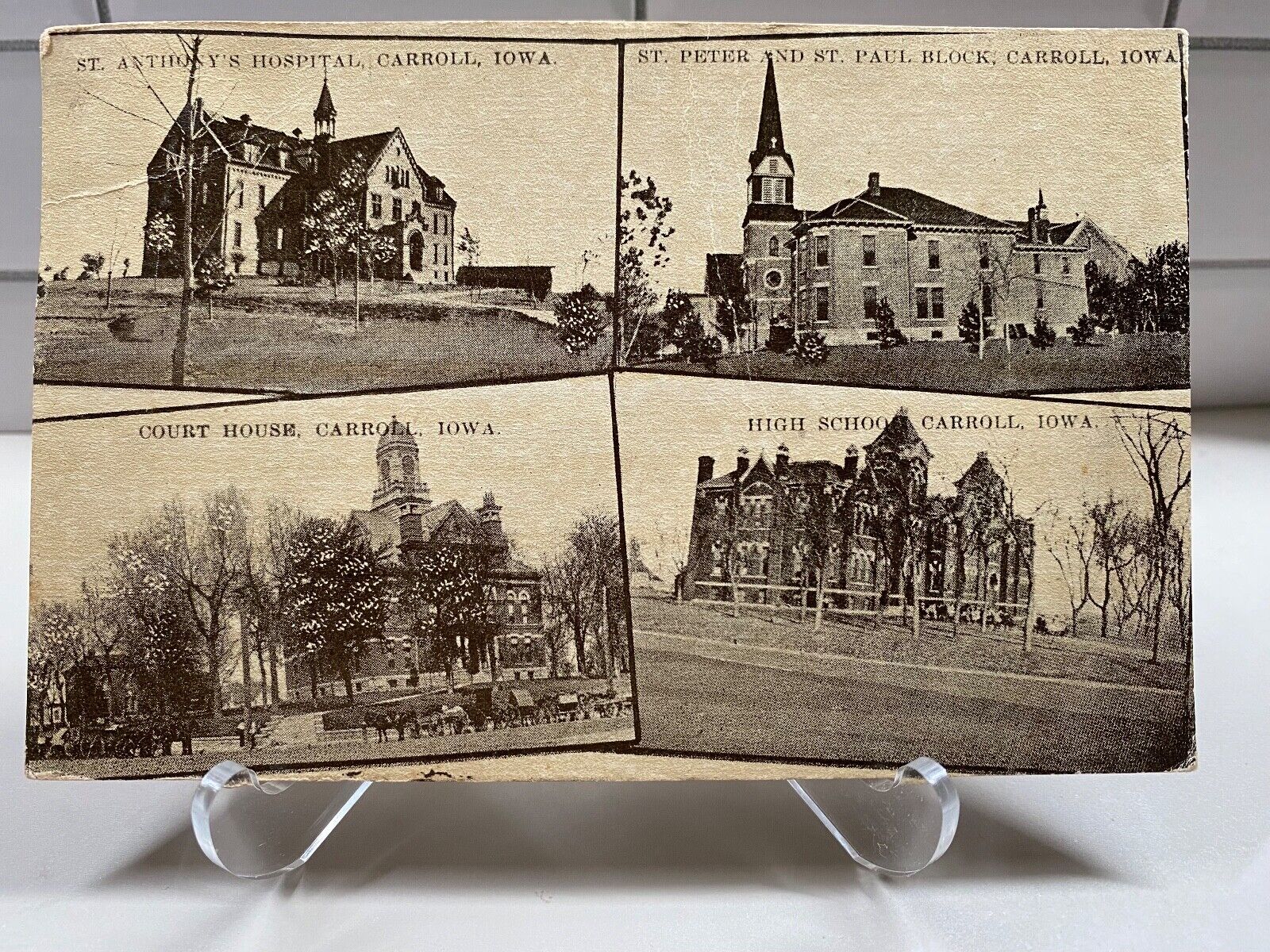 c1912 4 Scenes~Court House~Hospital~Church~High School Carroll, Iowa IA Postcard