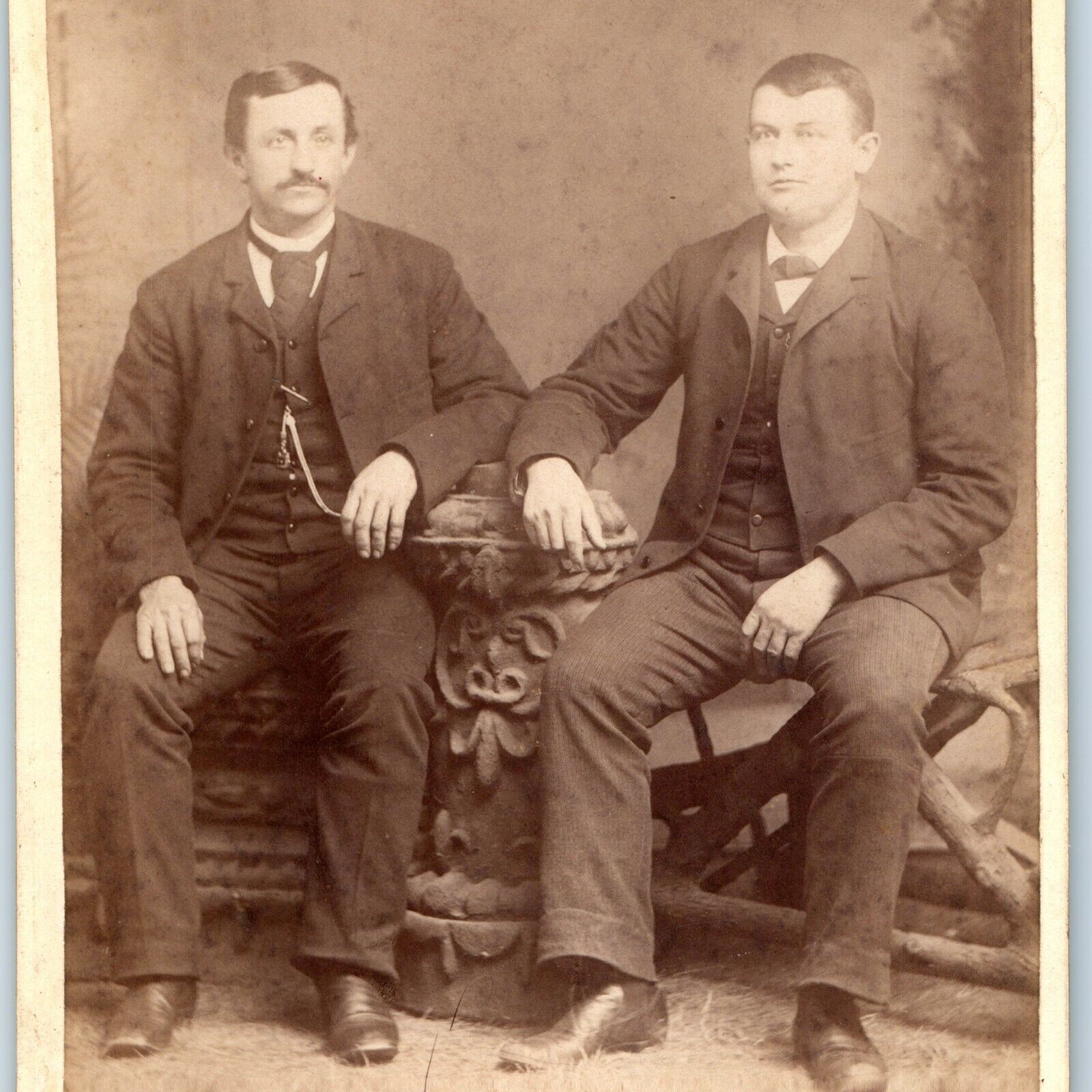 c1880s La Porte City, IA Two Men Sitting Cabinet Card Photo J.E. Ward Antique B8