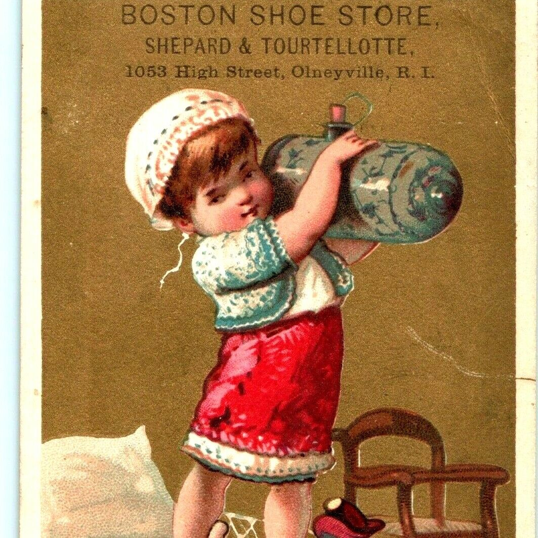 c1880s Olneyville RI Boston Shoe Store Baby w/ Tank Pottery Trade Card Gold C11