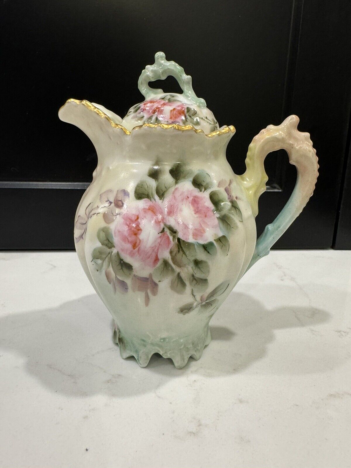 Antique German Porcelain Creamer Pitcher With Hand Painted Roses