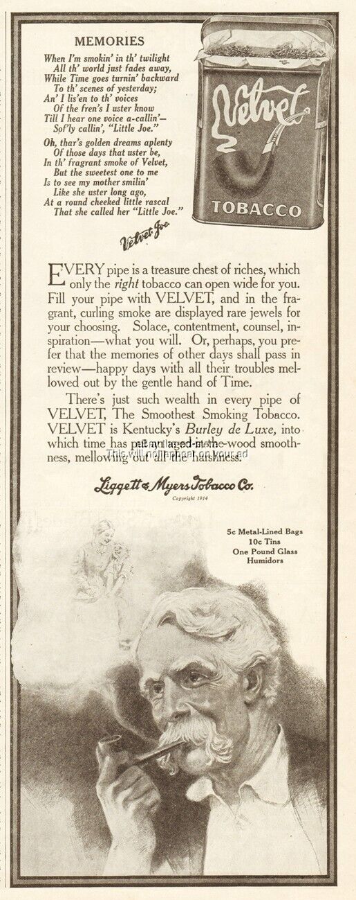 1914 Velvet Joe Pipe Tobacco Liggett & Myers Memories Poem Vintage Print Ad